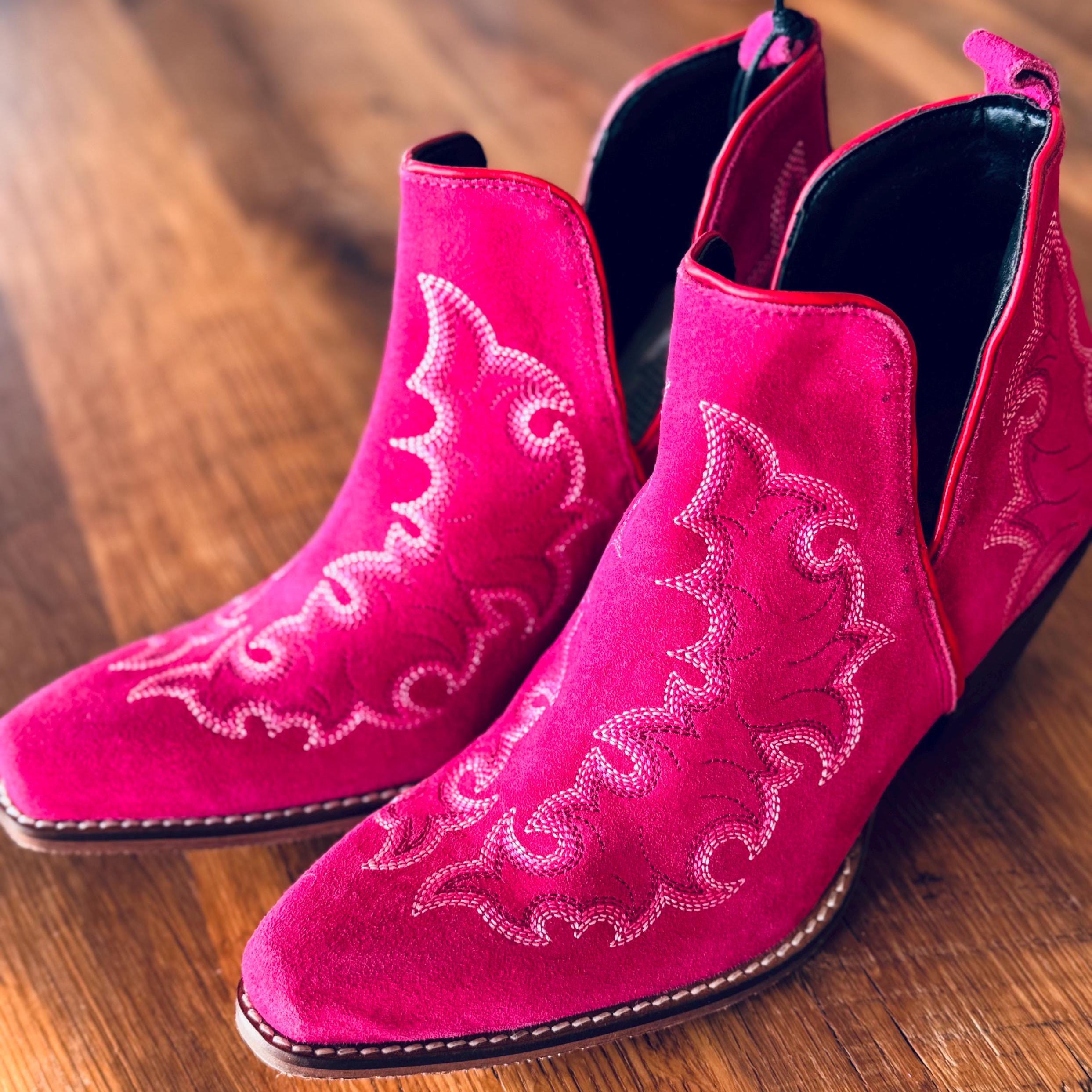 Genuine Suede Leather Bootie Ankle Boots in Hot Pink with Boot stitch Flame Design, Boots, Ankle Boot, Bootie, Slip On Shoe Cowgirl Boots