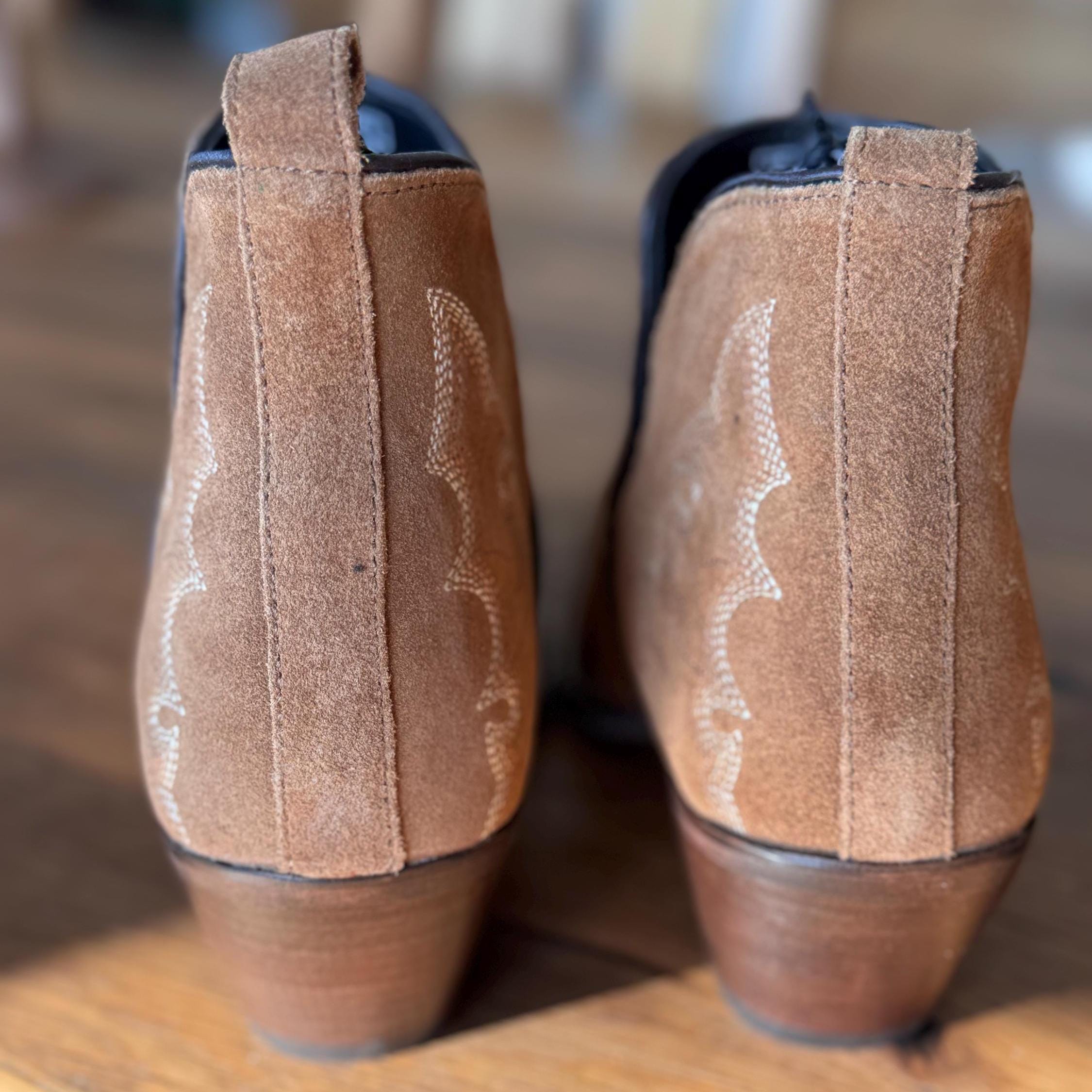 Genuine Suede Leather Bootie Ankle Boots in Tan Beige with Boot stitch Flame Design, Boots, Ankle Boot, Bootie, Slip On Shoe Cowgirl Boots