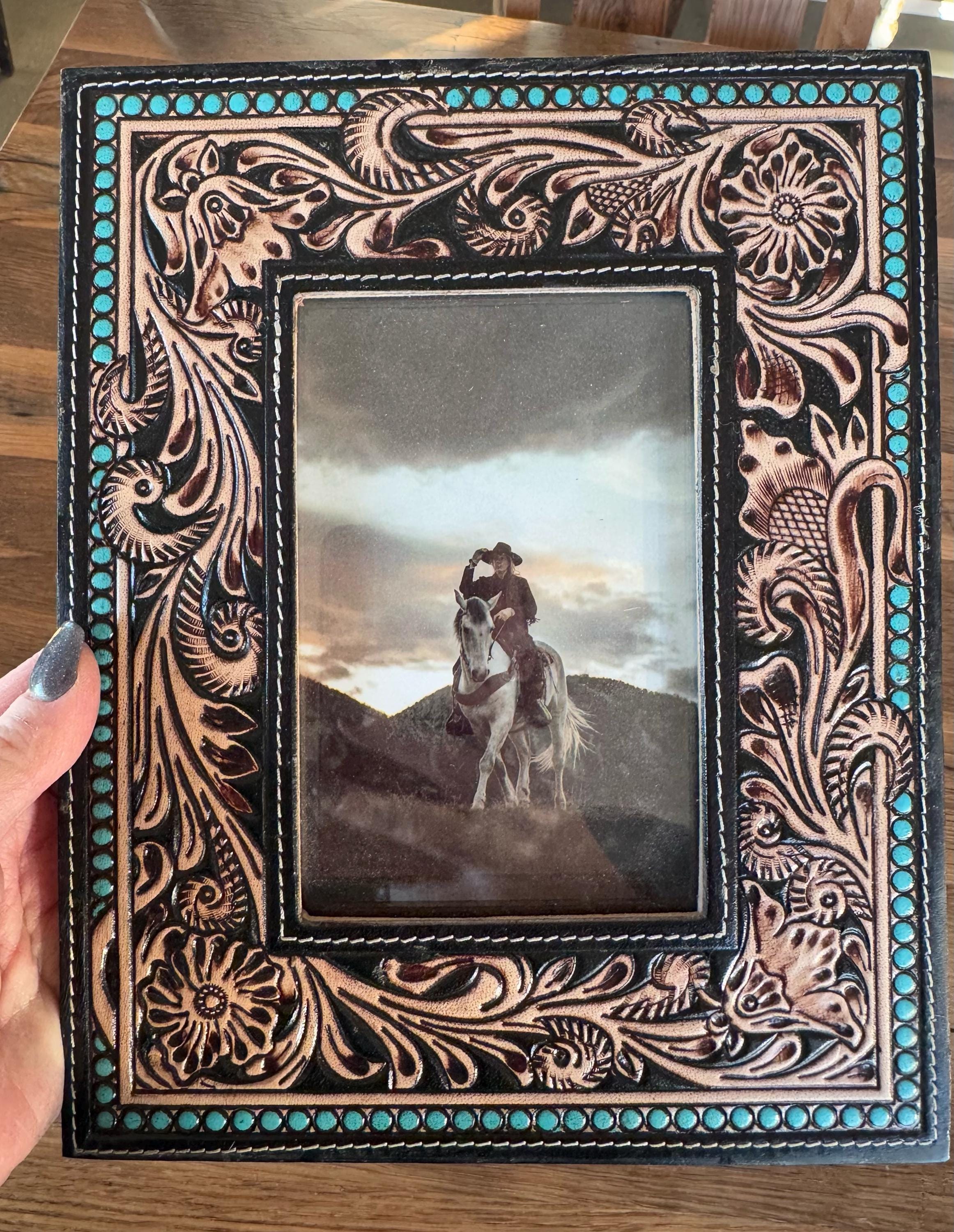 Black & Turquoise Tooled Leather Photo Frame Western Cowgirl Cowboy Wedding Valentine Graduation Bridal Shower Baby Mothers Fathers Day Gift