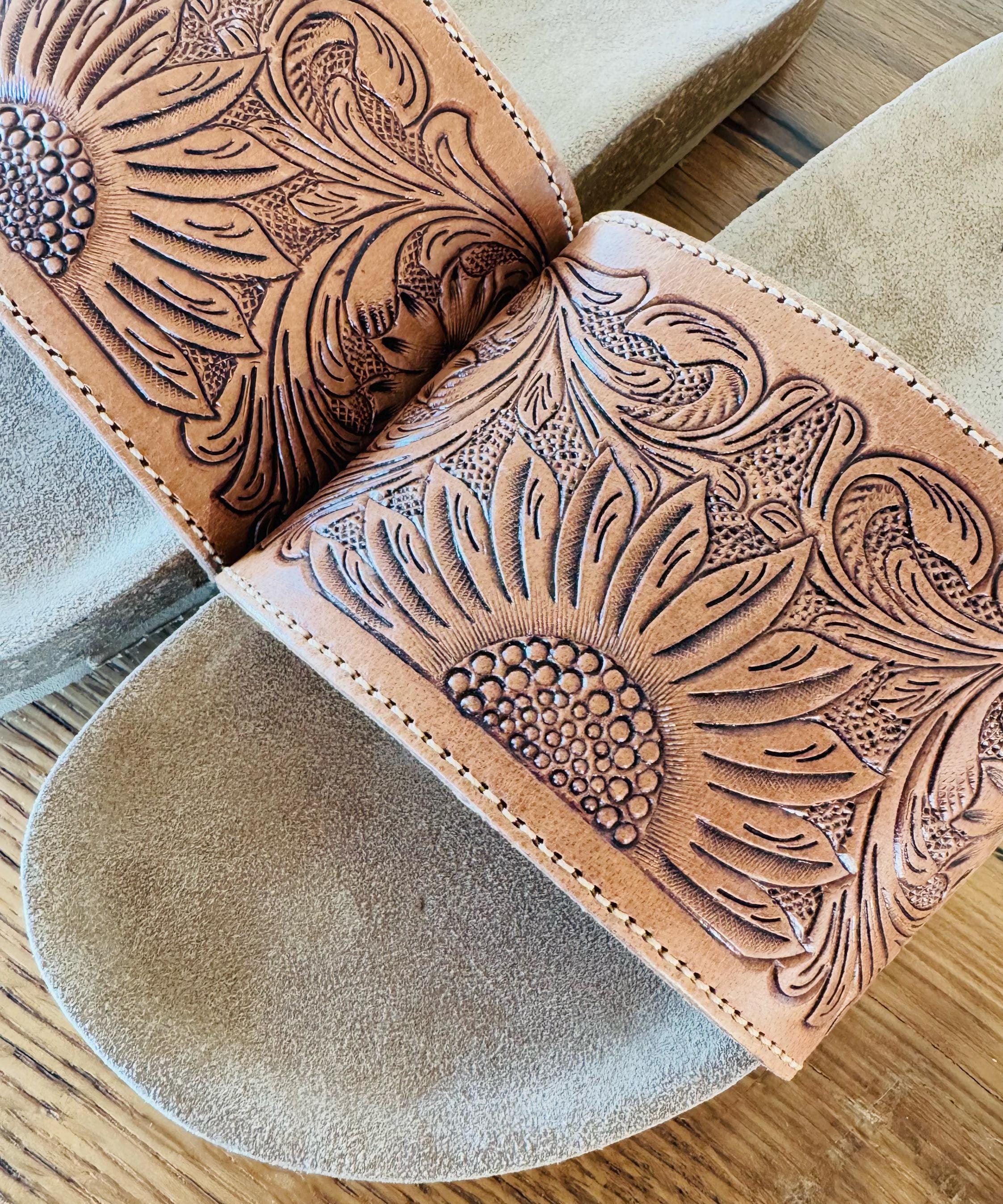Sunflower Tooled Leather Slide sandals with cork sole Western sandals, Western Slides, Summer Shoes Western Accessories Cowgirl Shoes