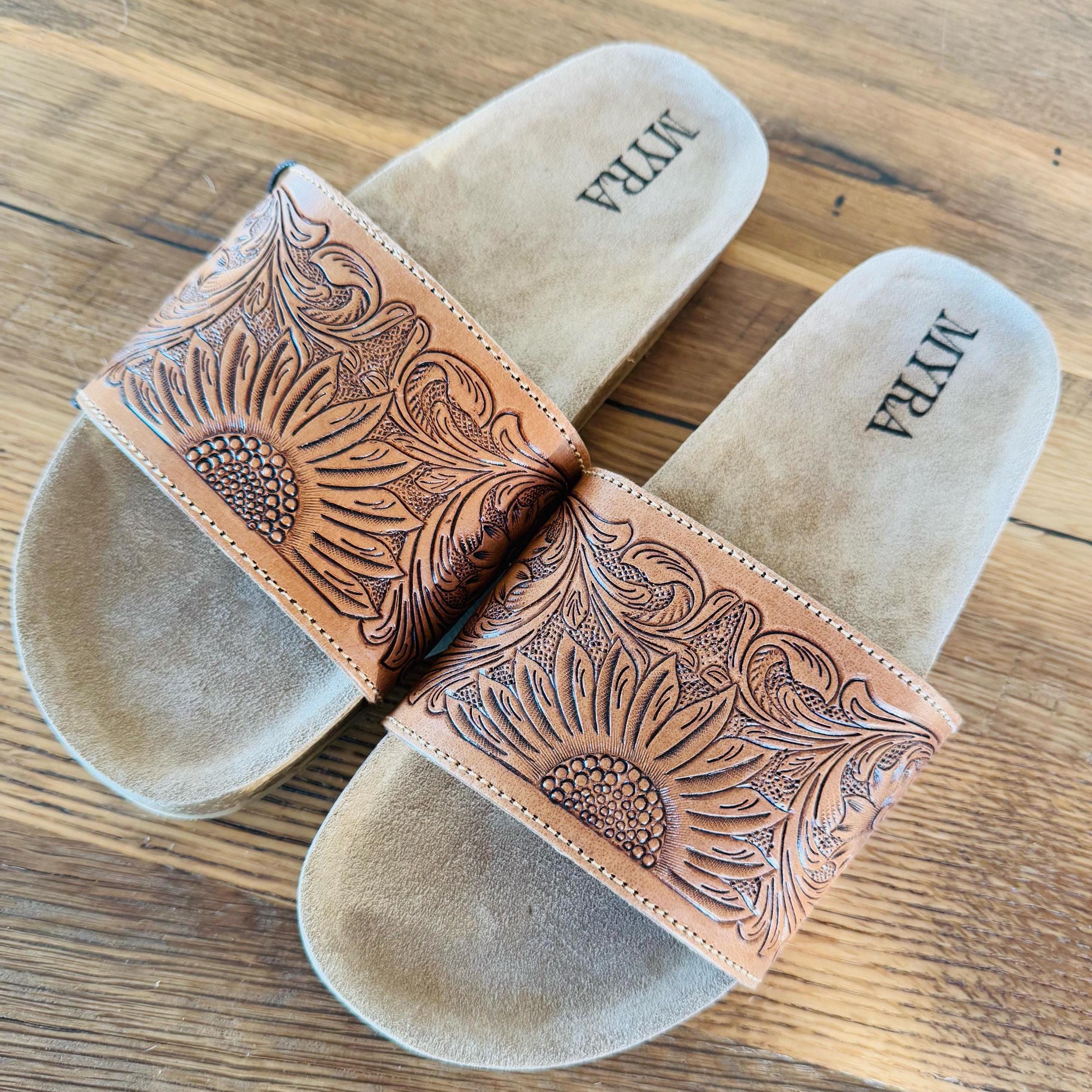 Sunflower Tooled Leather Slide sandals with cork sole Western sandals, Western Slides, Summer Shoes Western Accessories Cowgirl Shoes