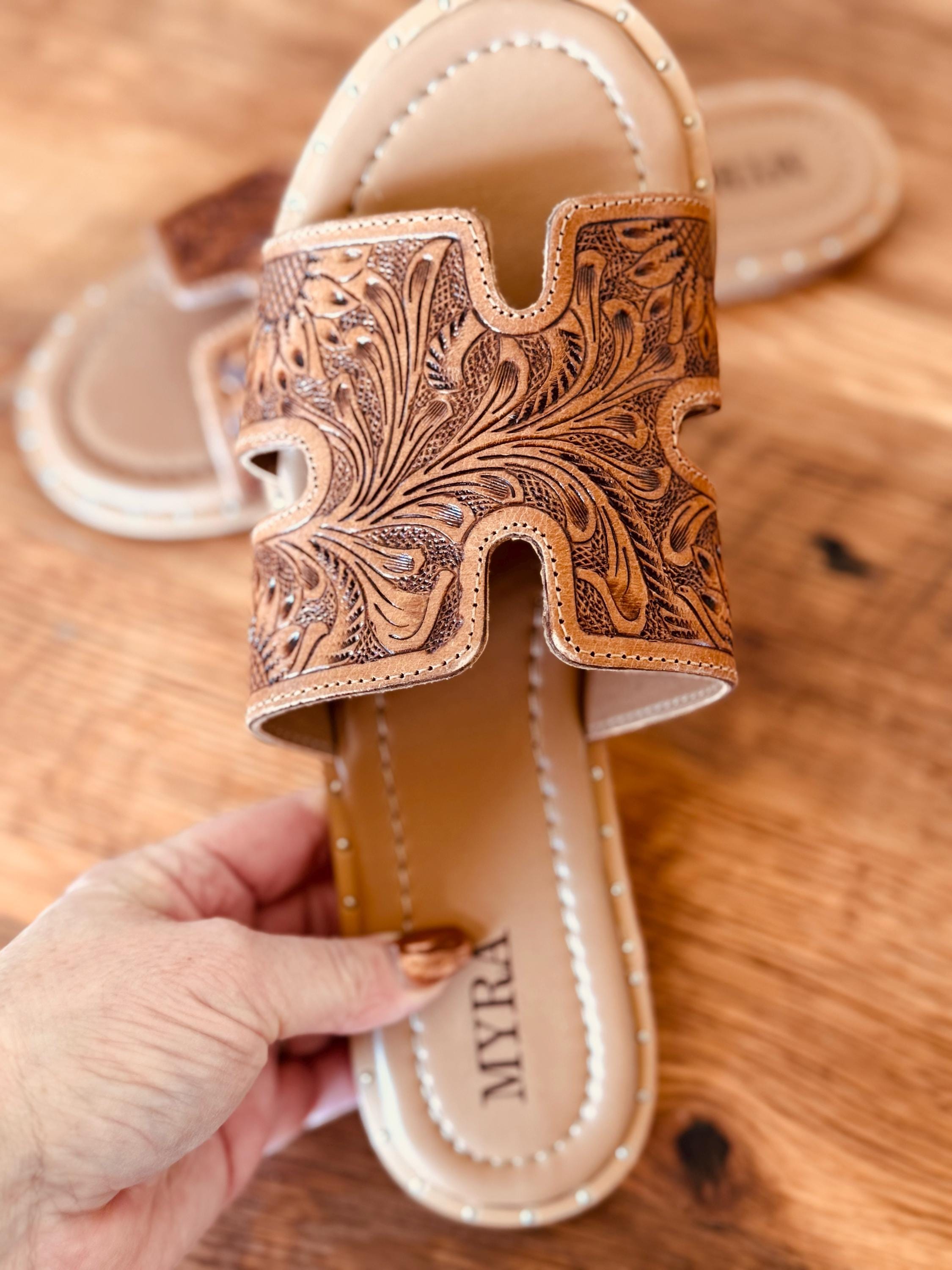 Tooled Leather, Brown Floral, Slide sandals, Western sandals, Western Slides, Summer Shoes, Western Accessories, Cowgirl Sandal, Flats