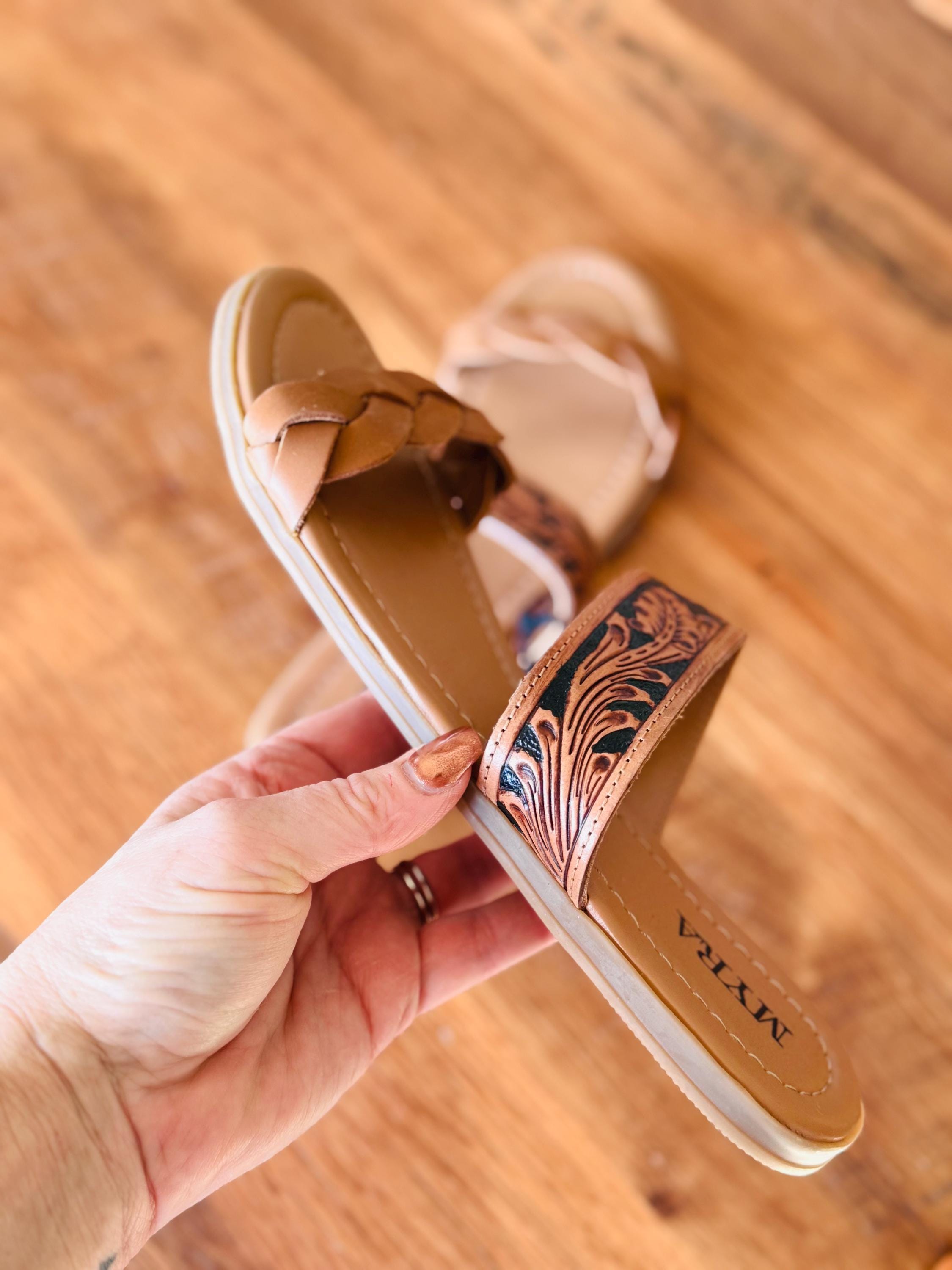 Tooled Leather & Braided Leather flats sandals, slides, Western sandals, Wedding, Prom Shoes, Summer Shoes Graduation, Mothers Day