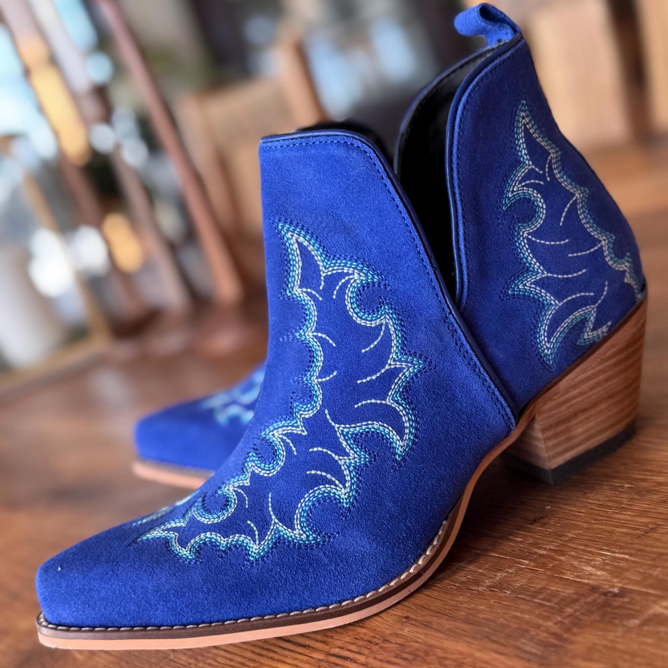 Genuine Suede Leather Bootie Ankle Boots in Royal Blue with Boot stitch Flame Design, Boots, Ankle Boot, Bootie, Slip On Shoe Cowgirl Boots