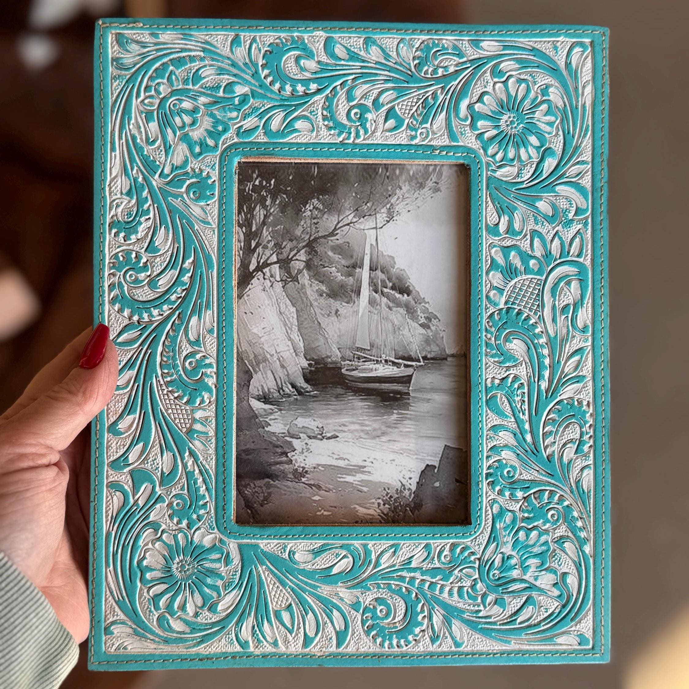 White & Turquoise Tooled Leather Photo Frame Western Cowgirl Cowboy Wedding Valentine Graduation Bridal Shower Baby Mothers Fathers Day Gift