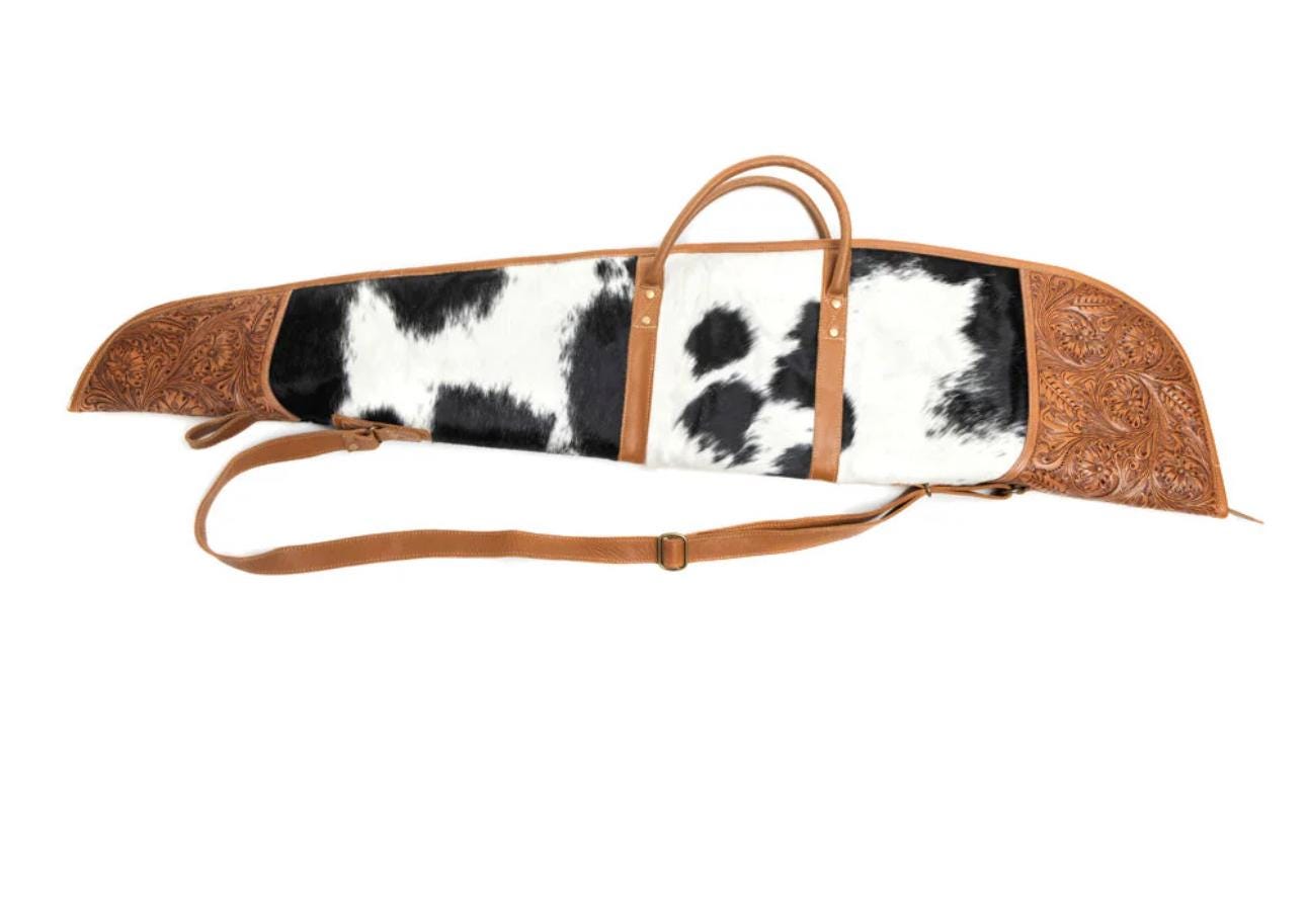 Custom Branded Cowhide & Tooled Leather Western Shotgun/Rifle padded Case Farm Brand Cow Brand Initials Personalized Men’s Women's Gift