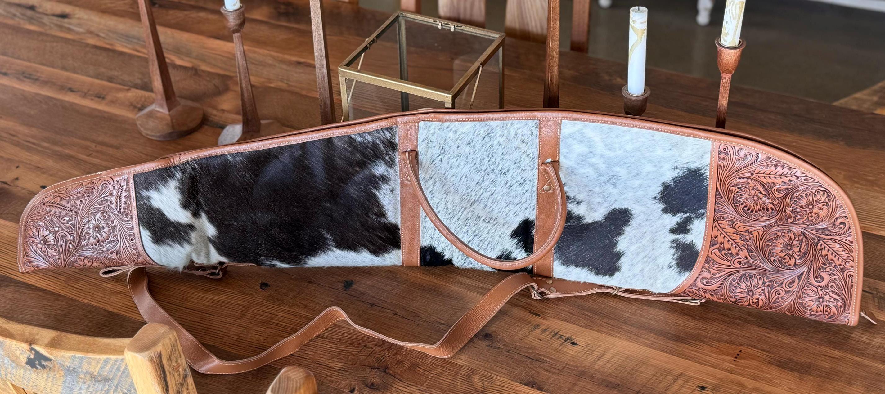 Custom Branded Cowhide & Tooled Leather Western Shotgun/Rifle padded Case Farm Brand Cow Brand Initials Personalized Men’s Women's Gift