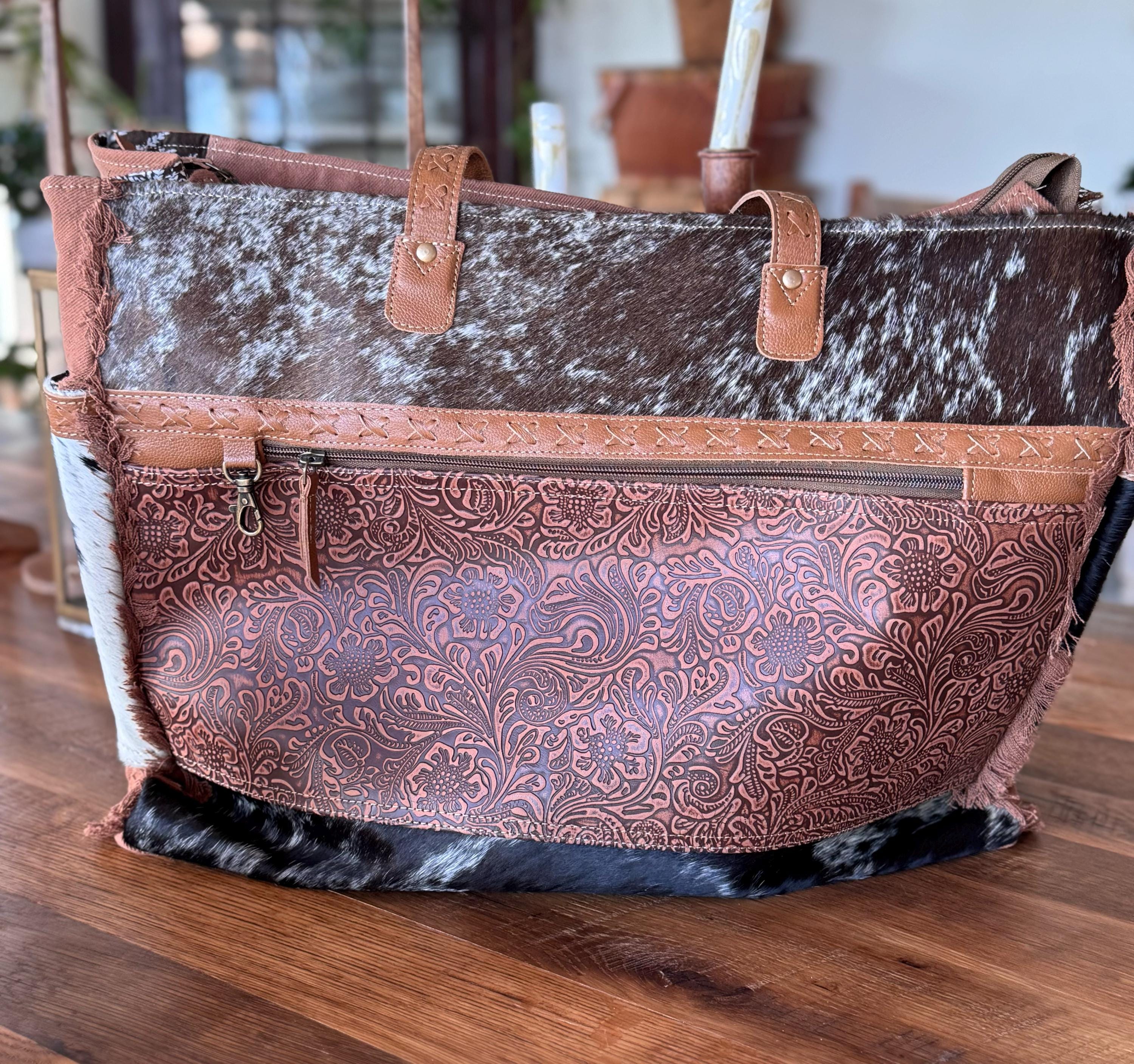 Western Cowhide & Tooled Leather Weekender Tote Bag Travel Custom Branded Farm Brand Cow Brand Initials Cow Print