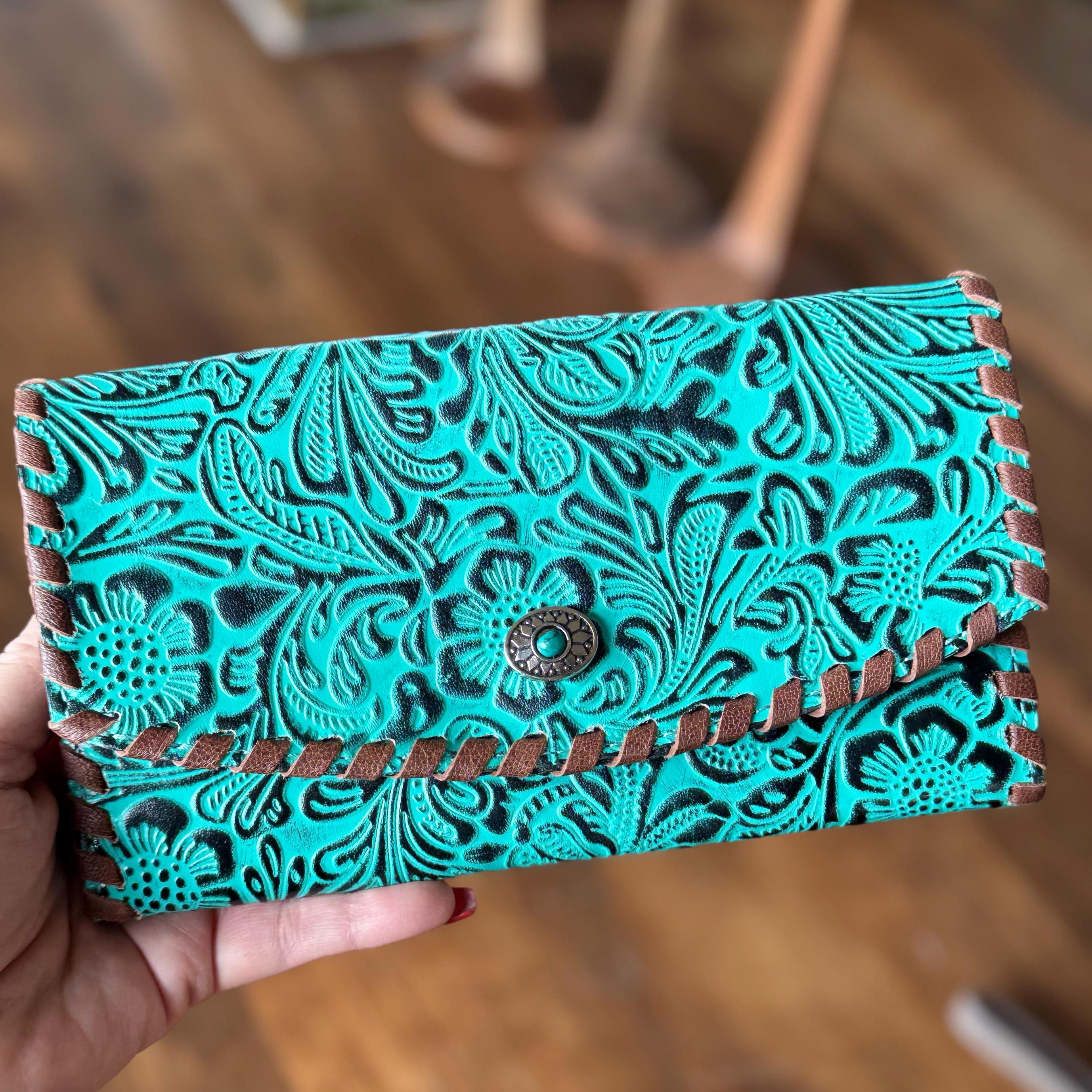 Turquoise Tooled Leather Western Style Wallet Gifts for Her Mothers Day Gift Cowgirl Wallet