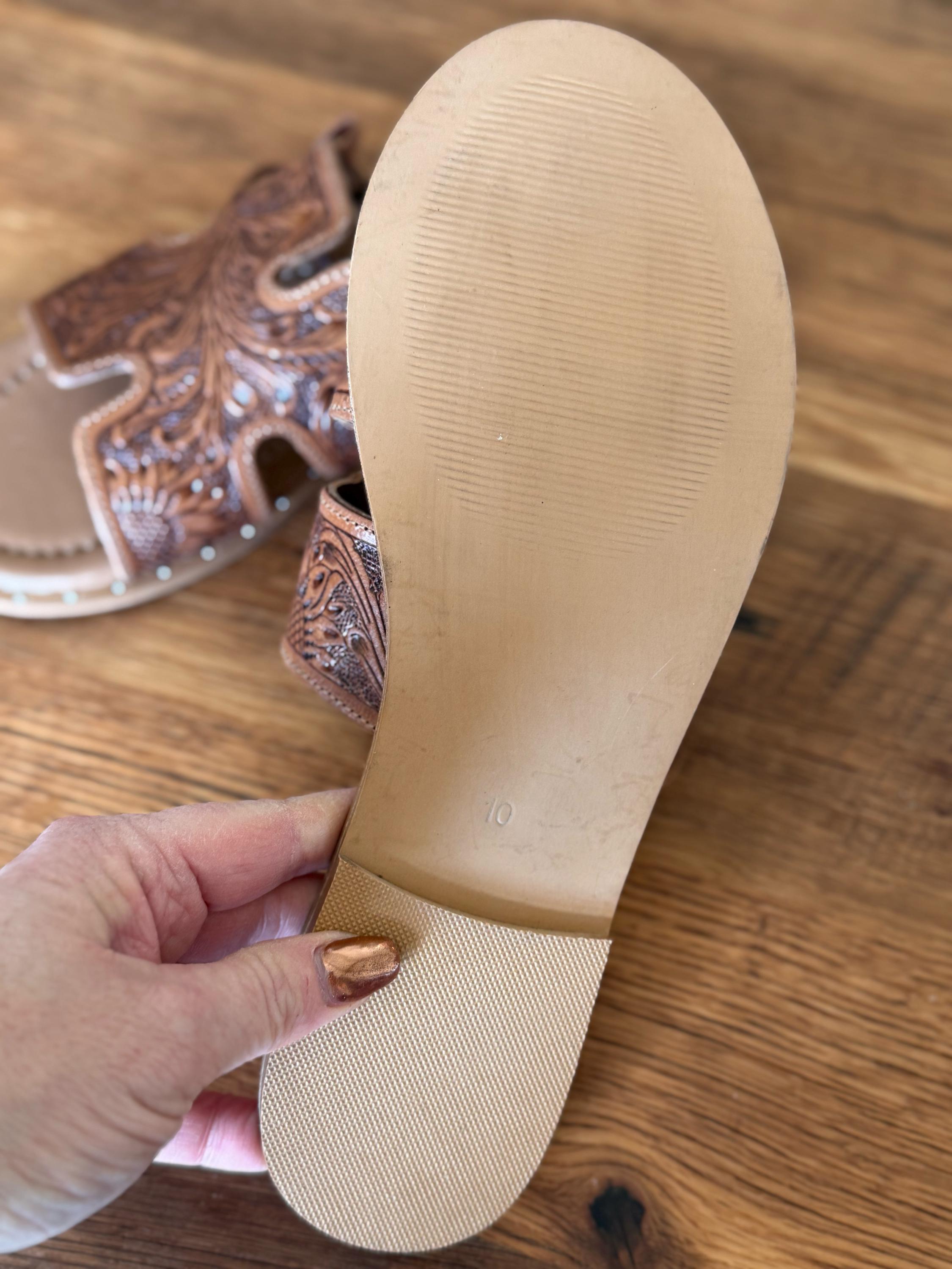 Tooled Leather, Brown Floral, Slide sandals, Western sandals, Western Slides, Summer Shoes, Western Accessories, Cowgirl Sandal, Flats