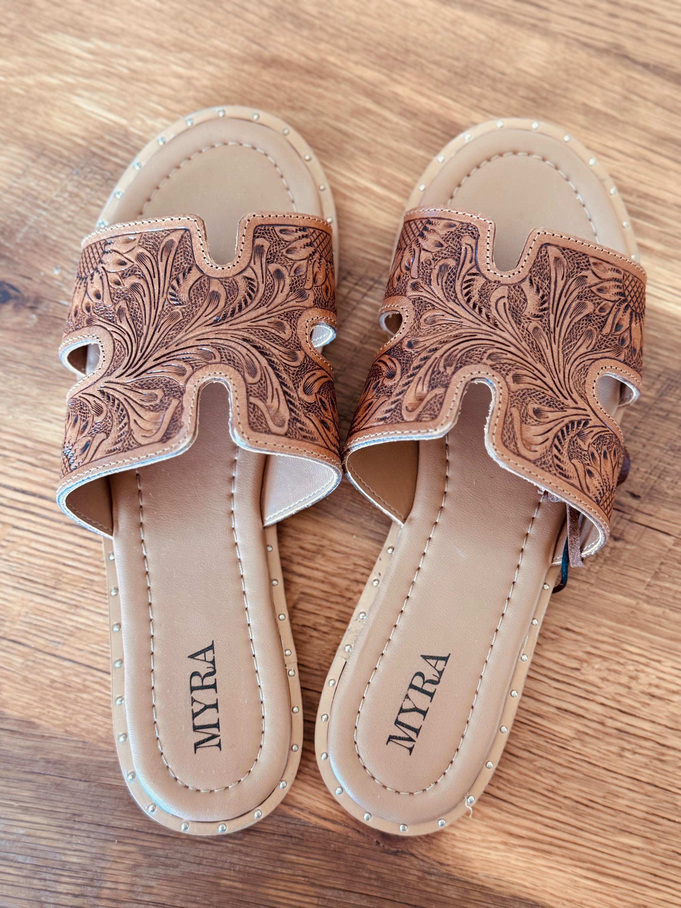 Tooled Leather, Brown Floral, Slide sandals, Western sandals, Western Slides, Summer Shoes, Western Accessories, Cowgirl Sandal, Flats