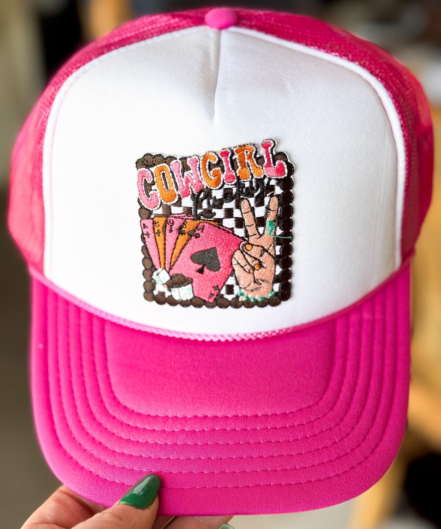 Cowgirl, Cards, Peace Hand Checkered Embroidered Patch, Otto Foam Trucker Hat in Pink, Spring Break, Vacation, Beach Hat, Sun Hat