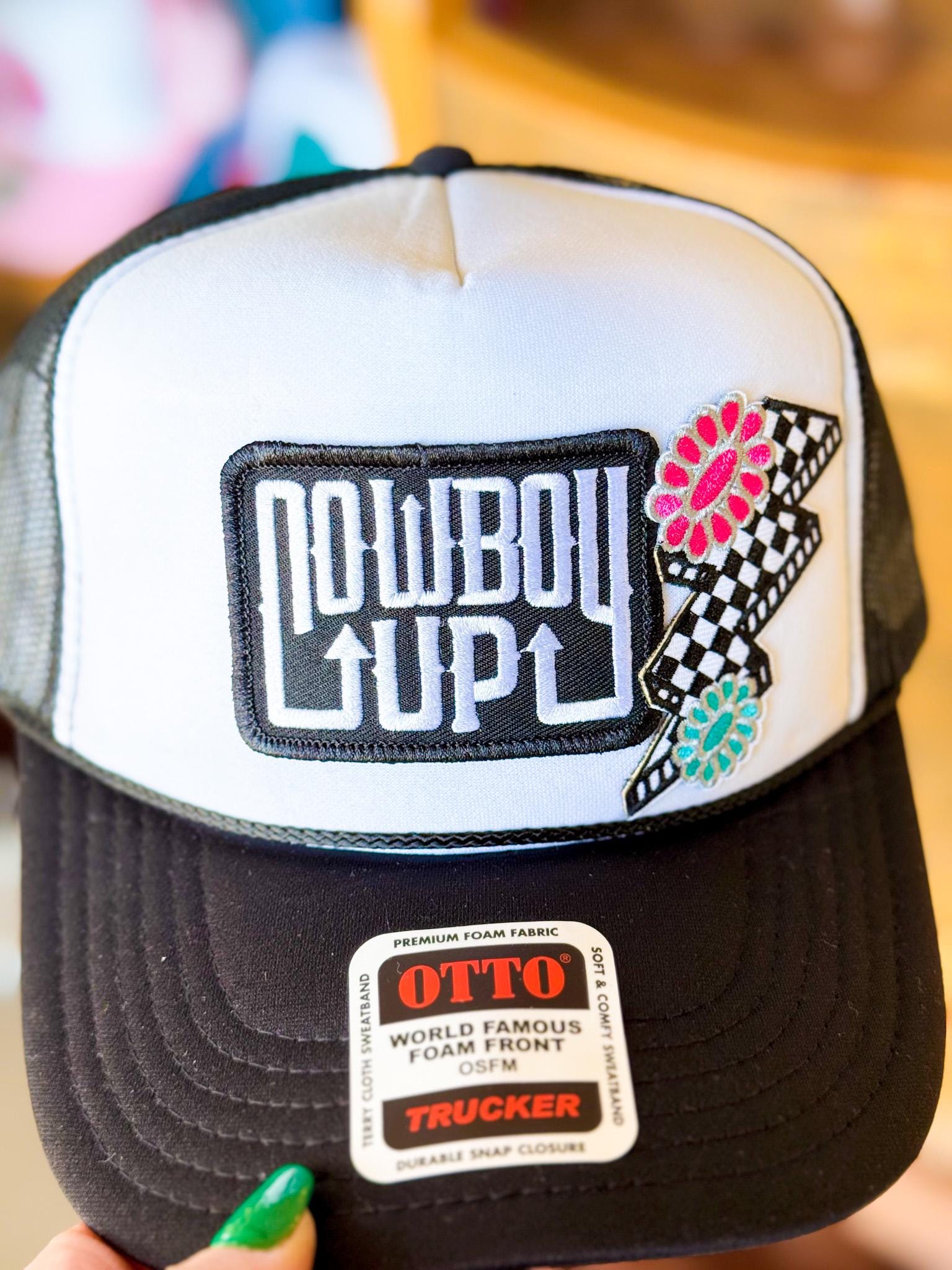 Cowboy Up, Checkered Lightning Bolt Embroidered Patch, Turquoise Stones, Otto Foam Trucker Hat in Black, Spring Break, Vacation, Beach Hat