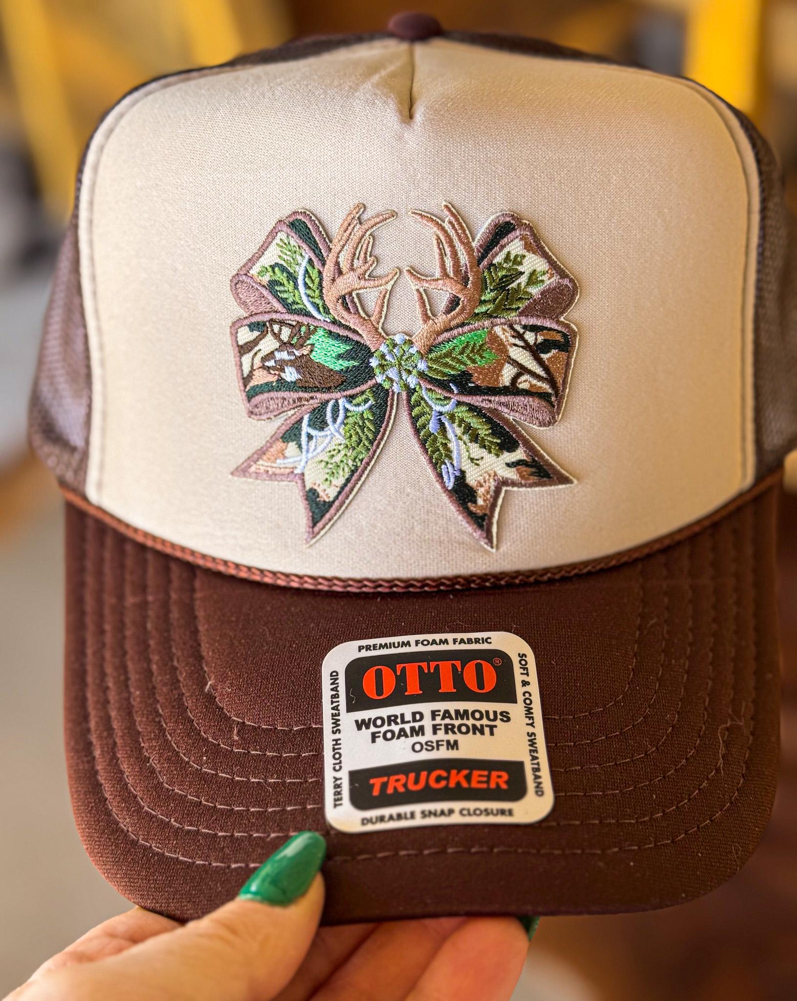 Camo Bow, Hunting Embroidered Patch, Otto Foam Trucker Hat in Tan & Chocolate, Spring Break, Vacation, Beach Hat, Baseball Hat, Sun Hat