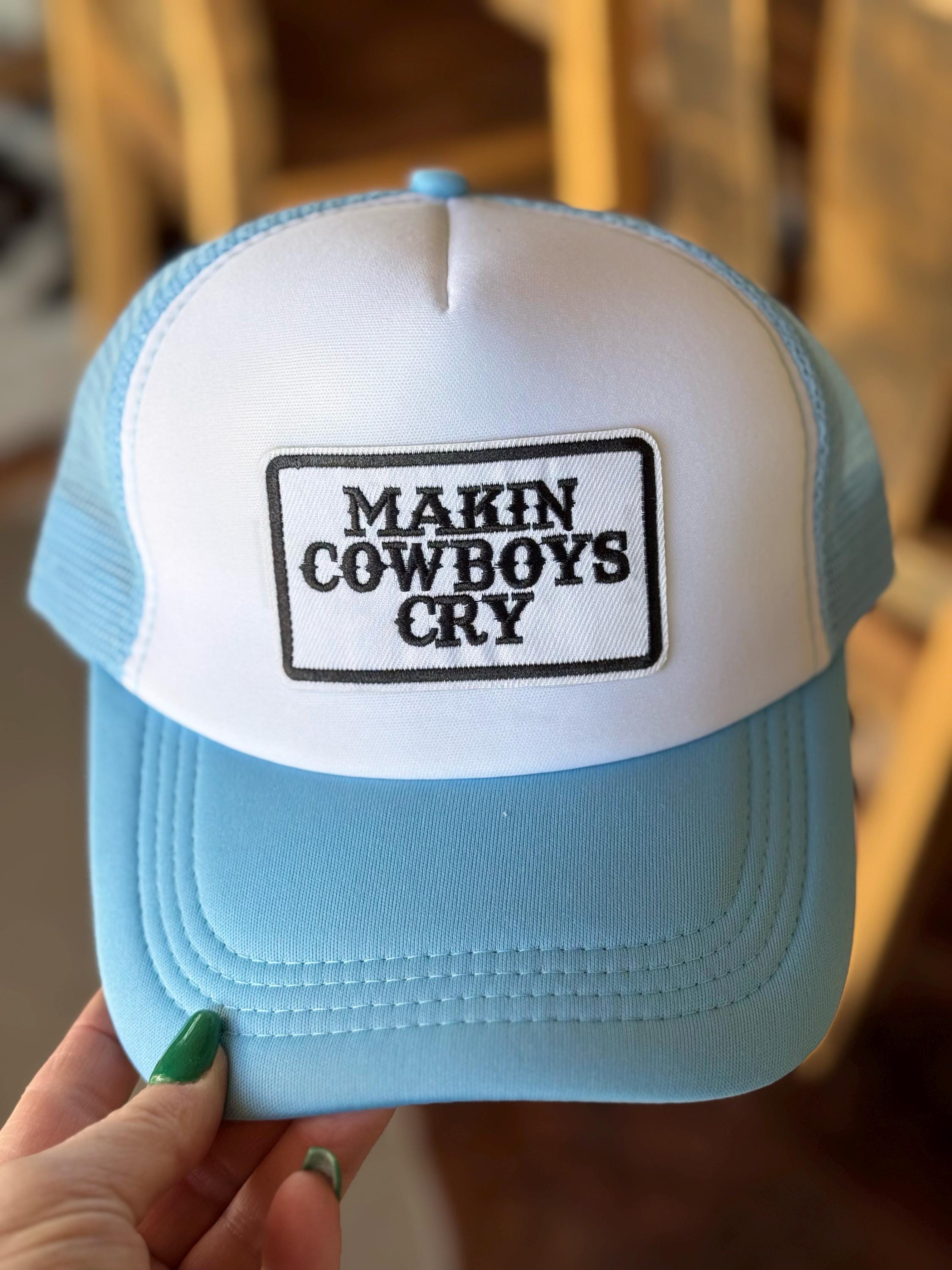 Makin Cowboys Cry Embroidered Patch, Foam Trucker Hat in Light Blue, Spring Break, Vacation, Beach Hat, Baseball Hat, Sun Hat