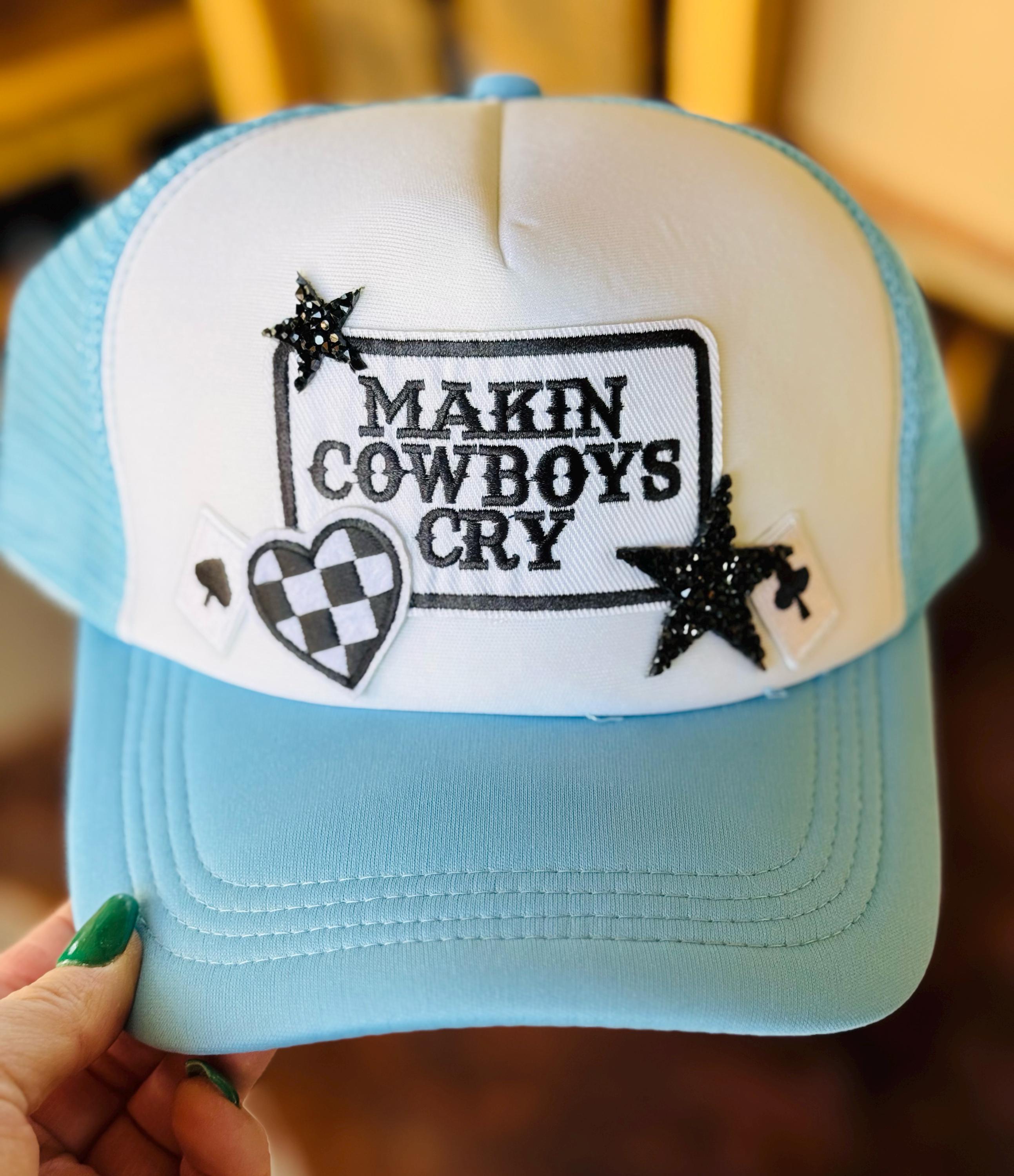 Makin Cowboys Cry Embroidered Patch, Glitter Stars Checkered Heart Trucker Hat in Light Blue Spring Break Vacation Beach Hat Sun Hat