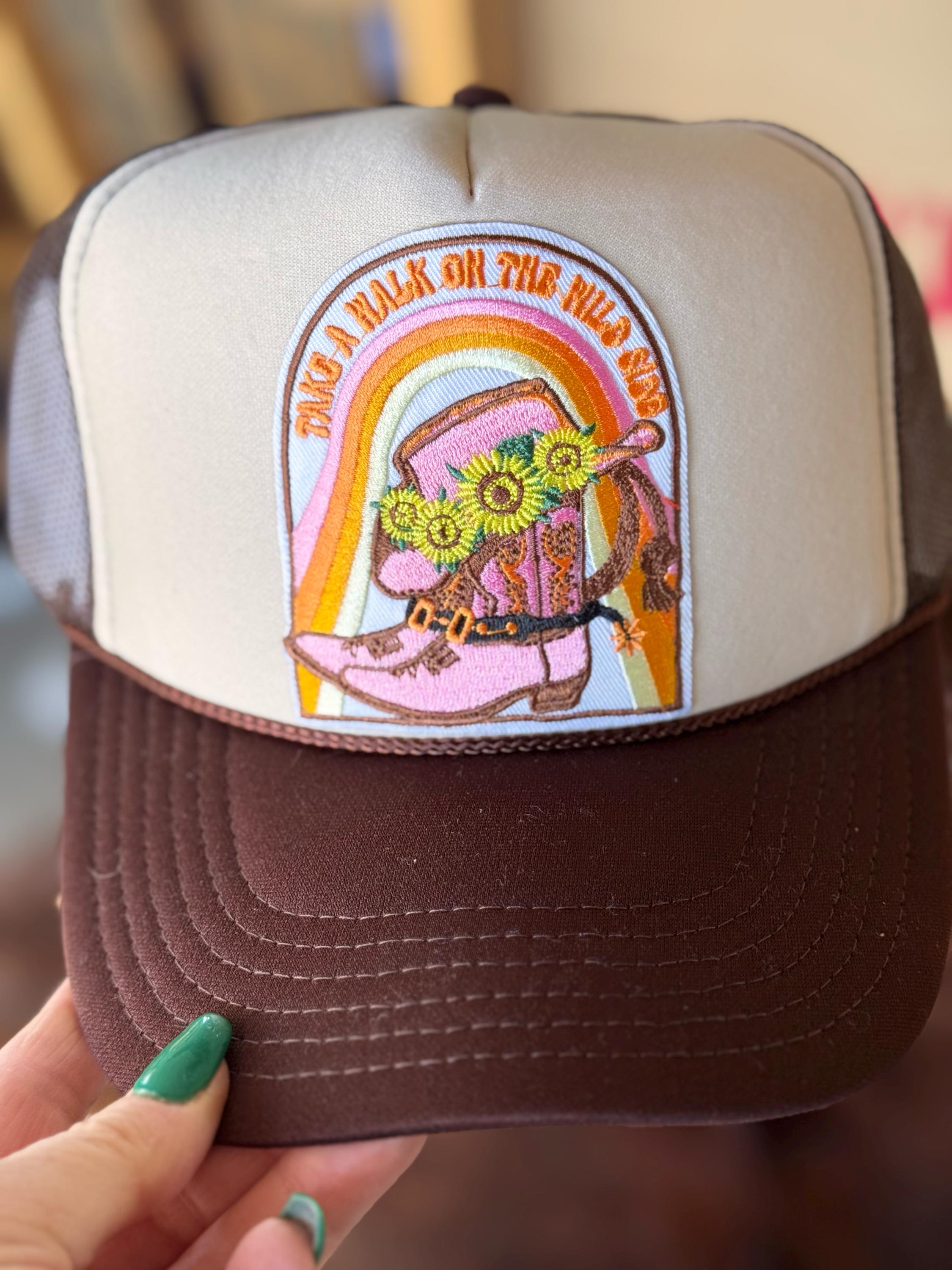 Take a Walk on the Wild Side Embroidered Patch, Otto Foam Trucker Hat in Tan & Chocolate, Spring Break, Vacation, Beach Hat, Sun Hat