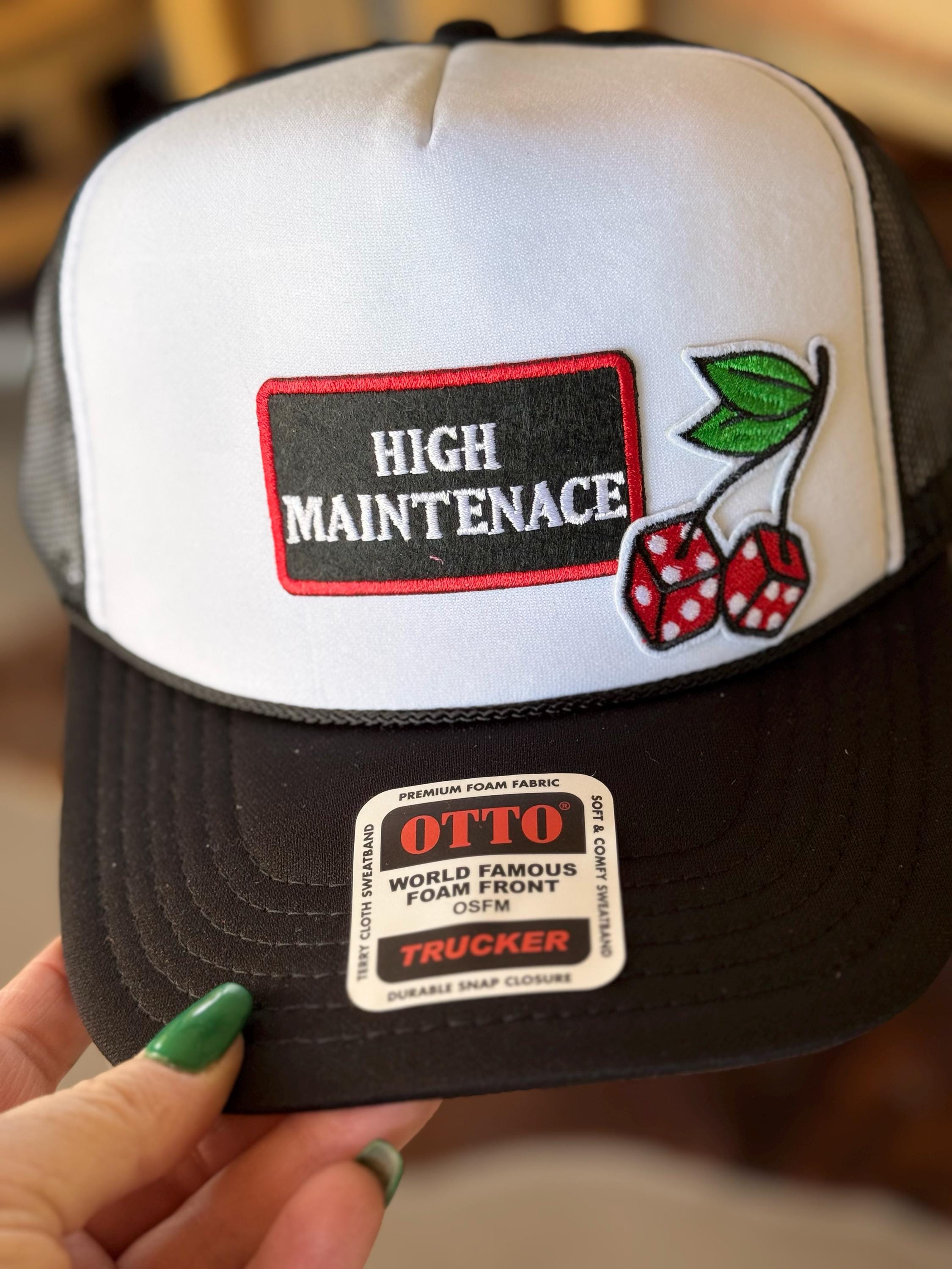 High Maintenance, Dice Cherries Embroidered Patch, Otto Foam Trucker Hat in Black, Spring Break, Vacation Beach Hat Sun Hat