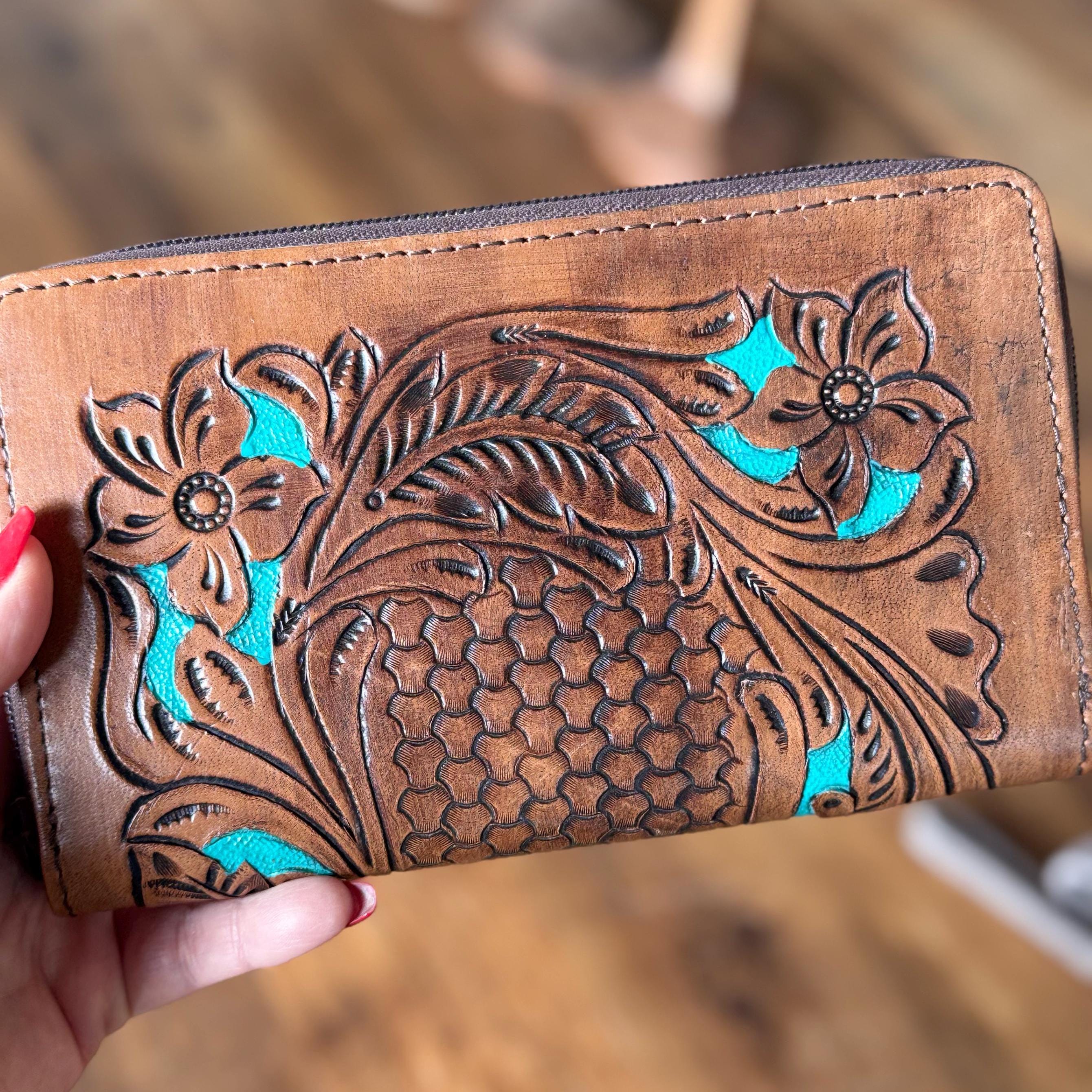 Tooled Leather Women's Zip around Style Wallet Western Wallet With Turquoise Cowgirl Wallet Gifts for Mom