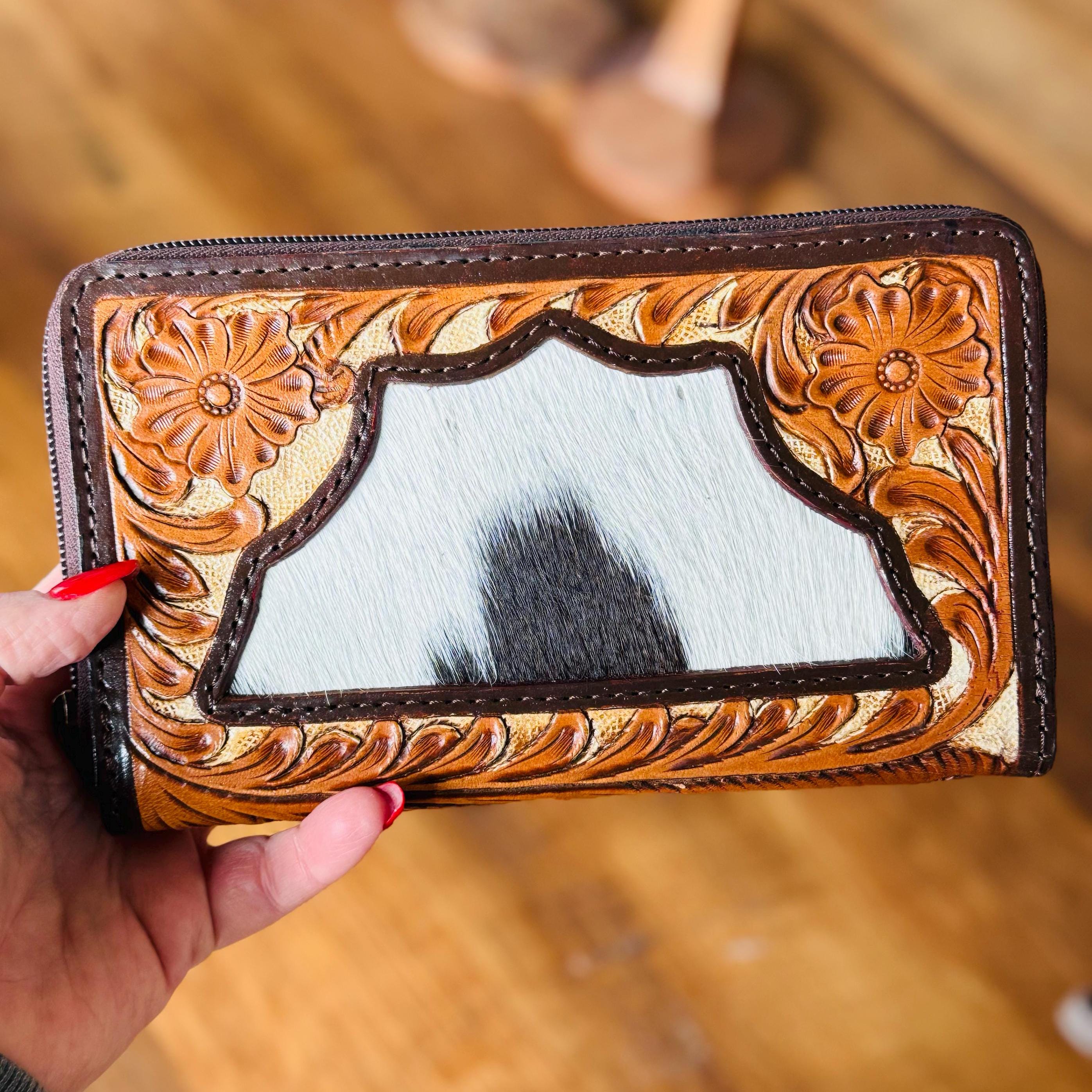 Tooled Leather & Cowhide Women's Zip around Style Wallet Western Wallet With Customizable with Your Farm Brand Name Initials Logo Monogram