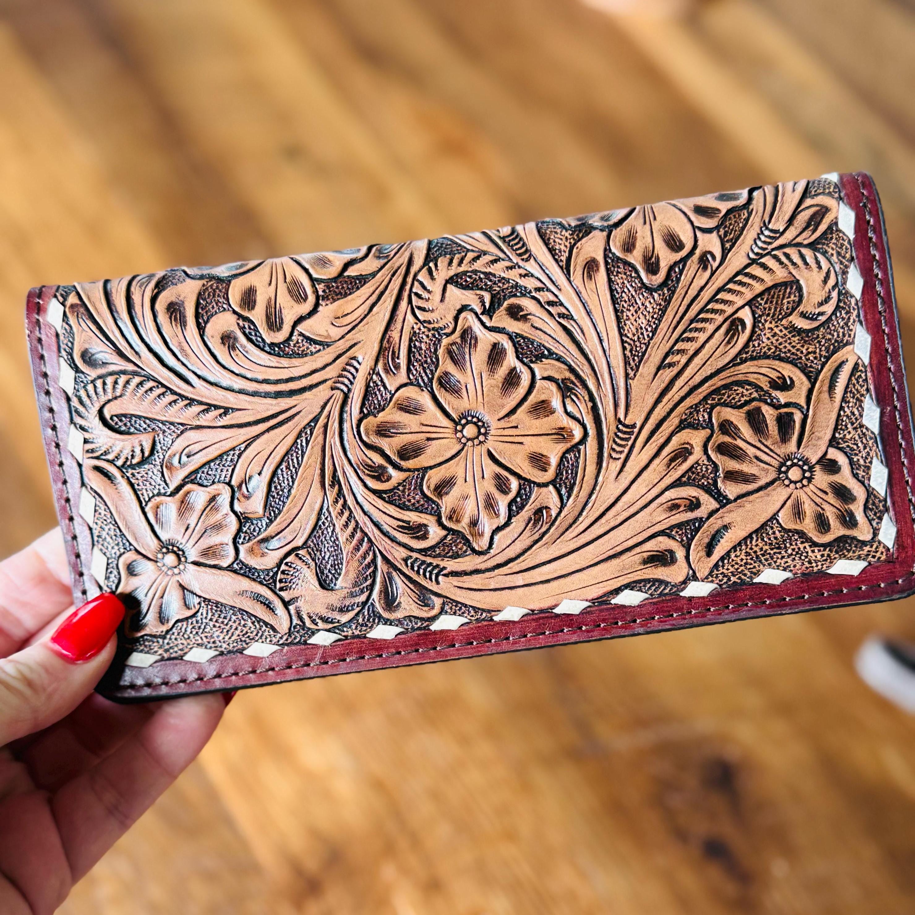 Tooled Leather Checkbook style Wallet, Mens or Women's, Western Wallet, Gifts for Dad, Gifts for Mom Mothers Day