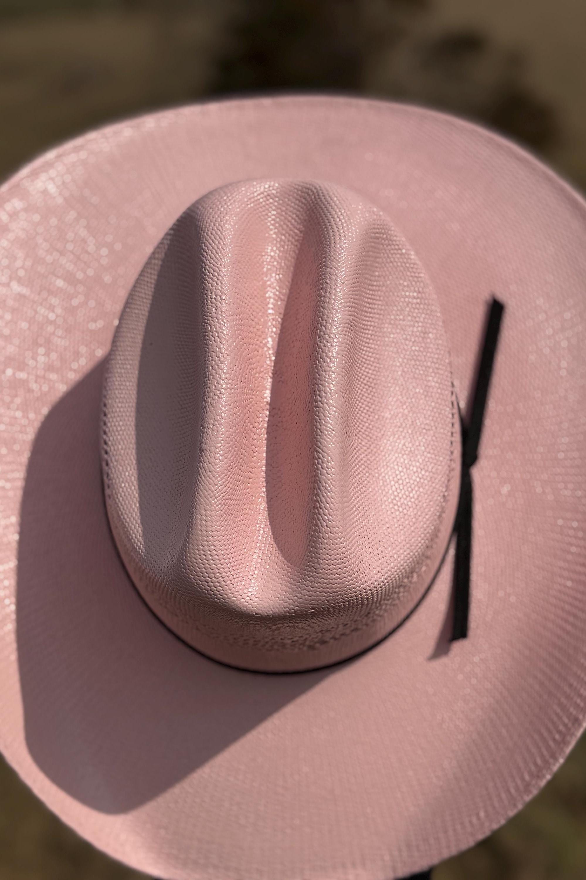 Pink Straw Cowboy Hat with black band, Cowgirl Hat, Custom Hat, Cattleman Style, Turned up Brim