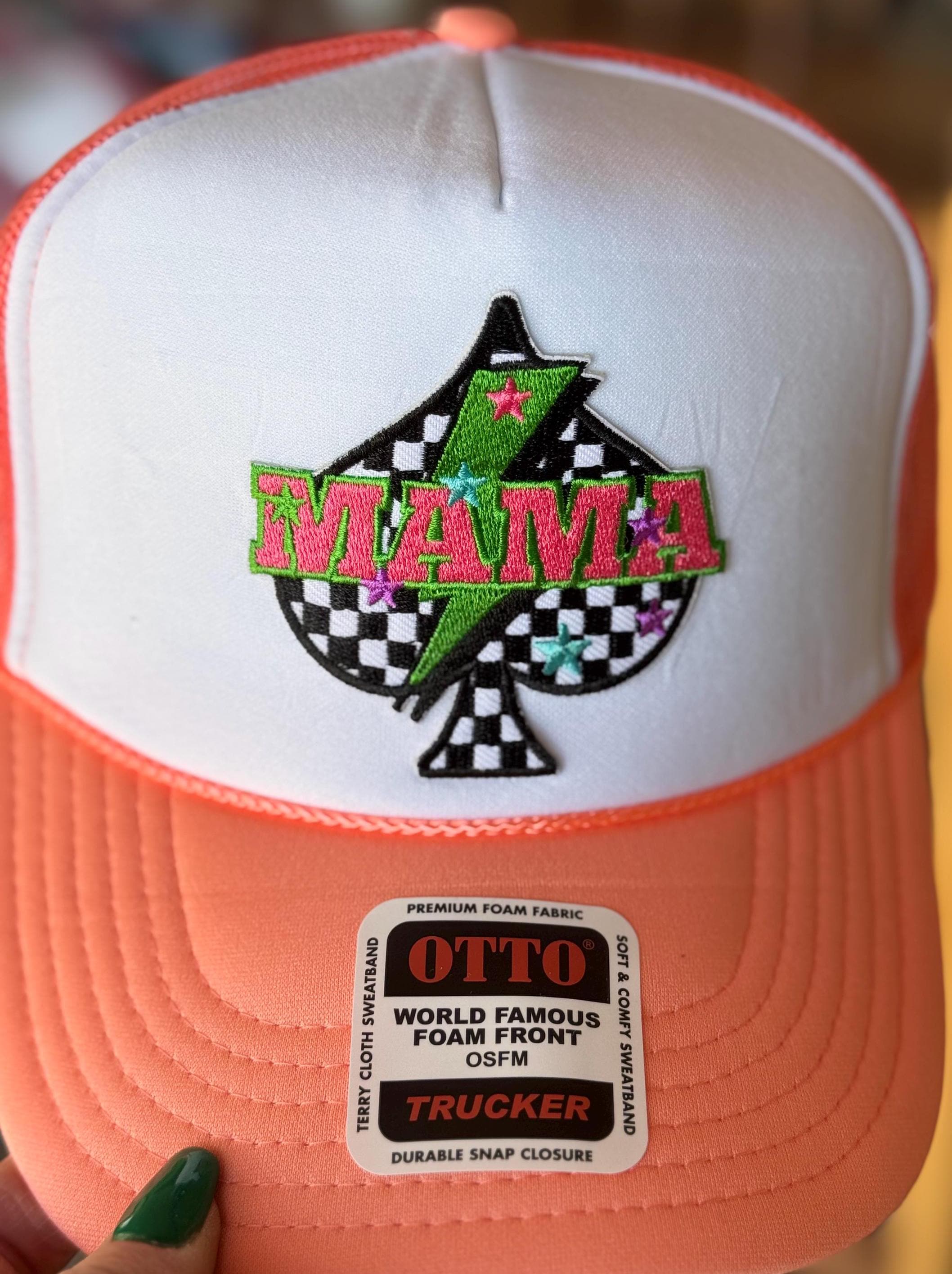 Mama Checkered Spade, Embroidered Patch, Otto Foam Trucker Hat in Coral, Spring Break, Vacation, Beach Hat, Baseball Hat, Sun Hat