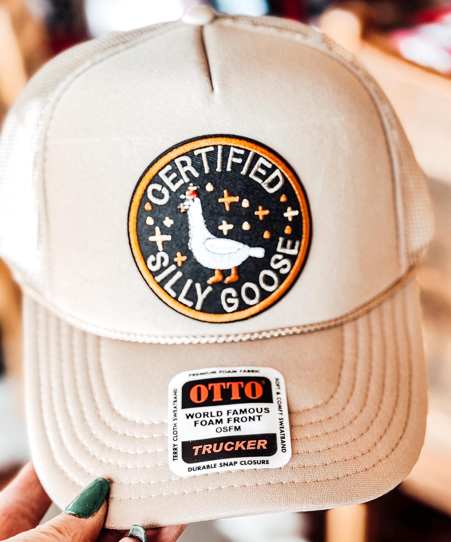 Certified Silly Goose, Embroidered Patch, Otto Foam Trucker Hat in Tan Beige, Spring Break, Vacation, Beach Hat, Baseball Hat, Sun Hat
