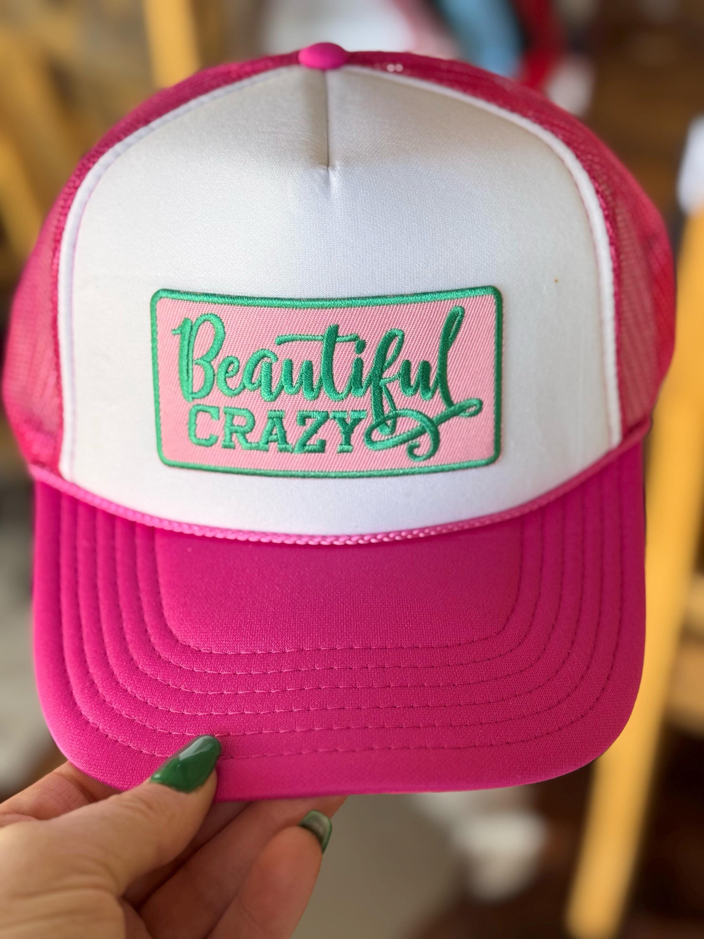 Beautiful Crazy, Pink & Green Embroidered Patch, Otto Foam Trucker Hat in Pink, Spring Break, Vacation, Beach Hat, Baseball Hat, Sun Hat
