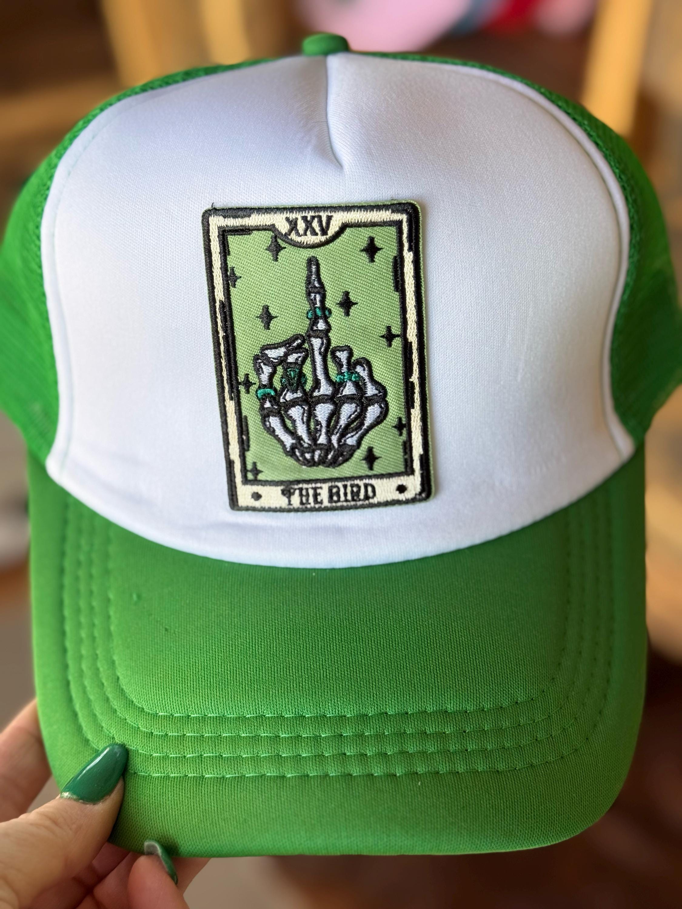 The Bird Tarot Card Embroidered Patch, Foam Trucker Hat in Kelly Green, Spring Break, Vacation, Beach Hat, Baseball Hat, Sun Hat