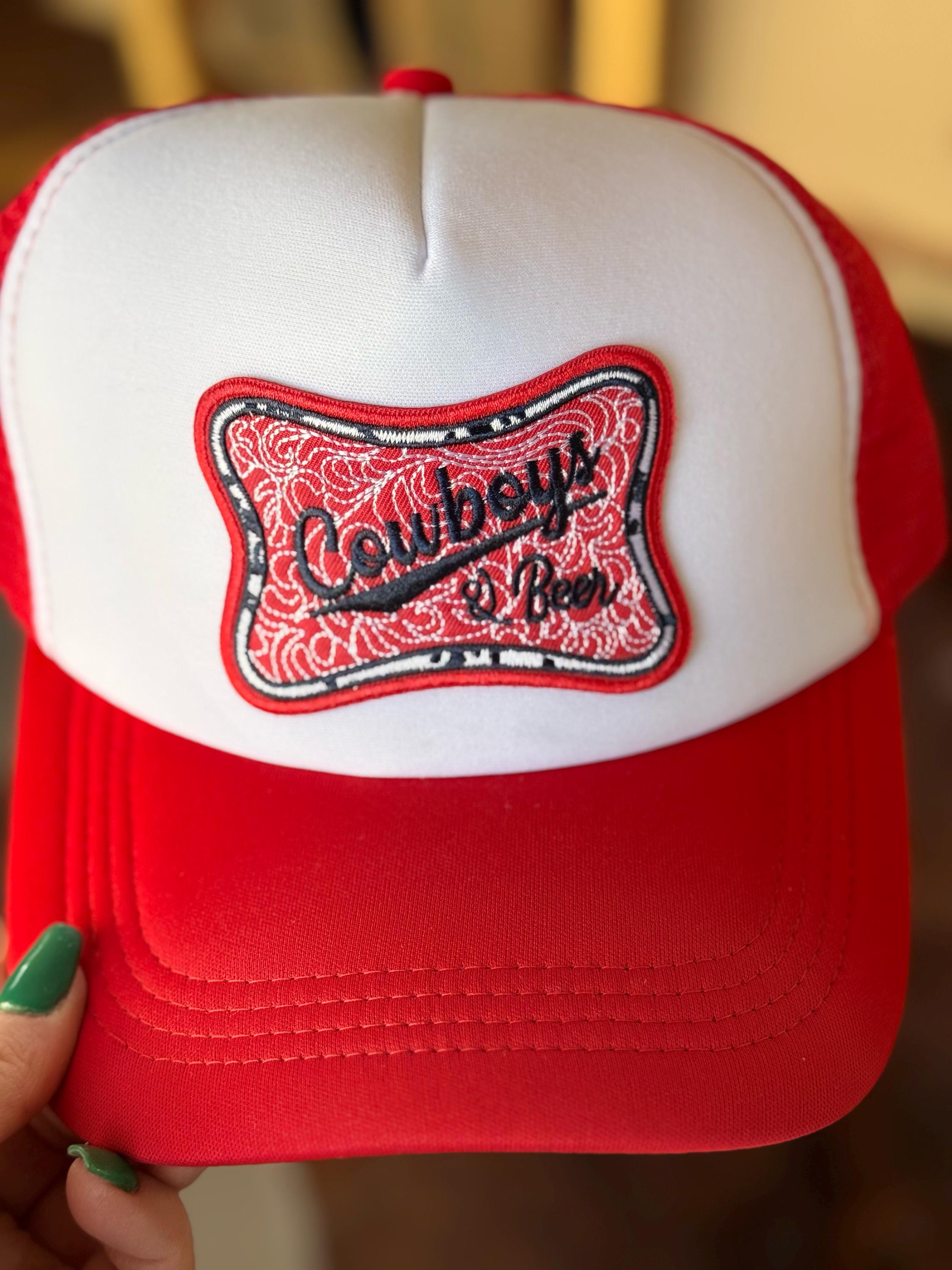 Cowboys & Beer Embroidered Patch, Otto Foam Trucker Hat in Red, Spring Break, Vacation, Beach Hat, Sun Hat