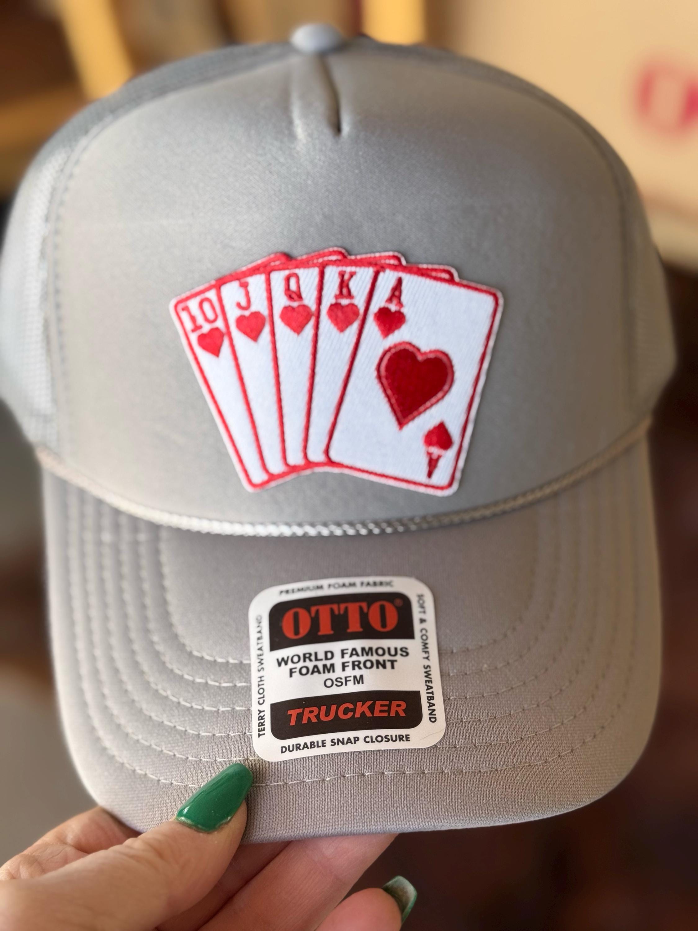 Royal Flush cards Embroidered Patch, Otto Foam Trucker Hat in Gray, Spring Break, Vacation, Beach Hat, Baseball Hat, Sun Hat Trendy