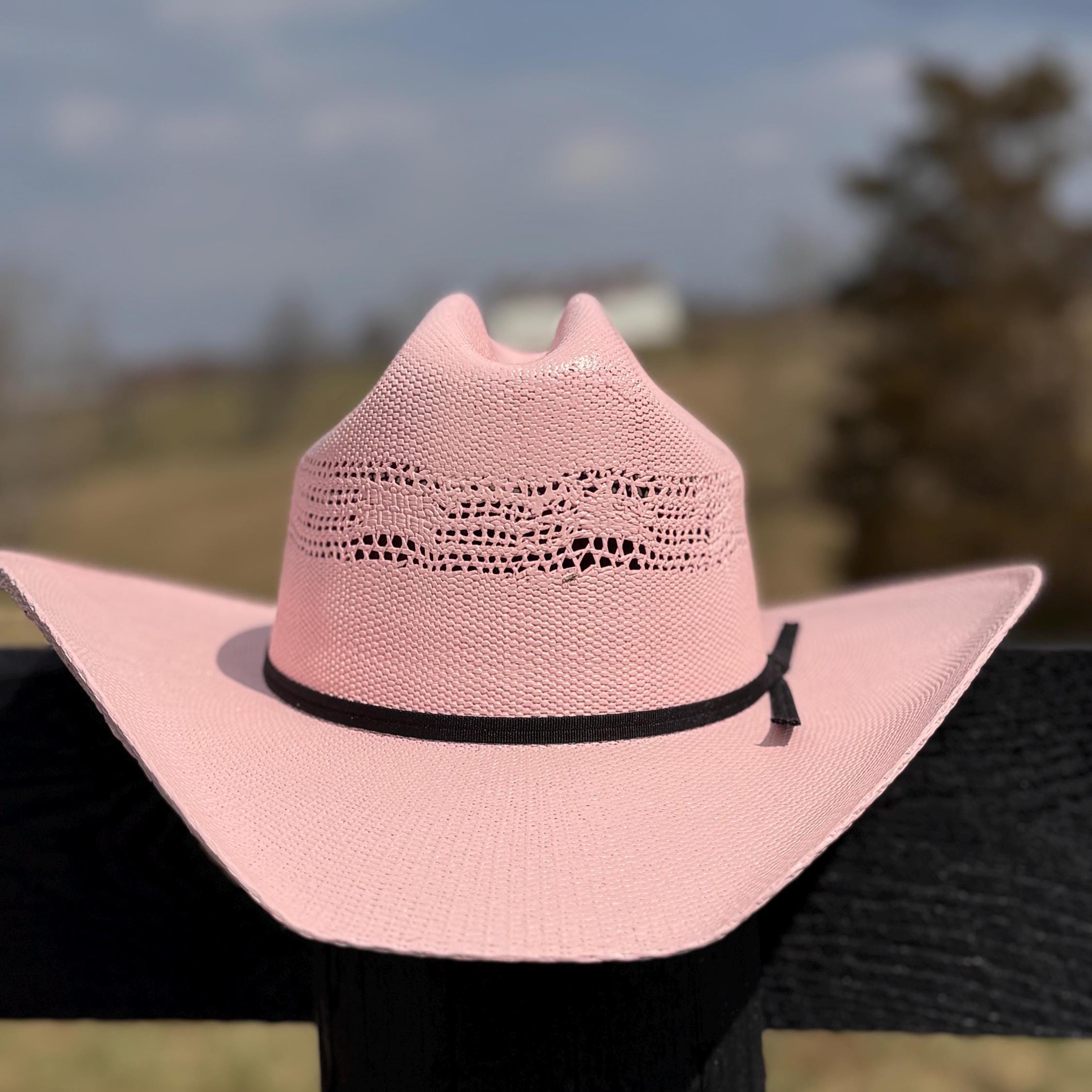 Pink Straw Cowboy Hat with black band, Cowgirl Hat, Custom Hat, Cattleman Style, Turned up Brim