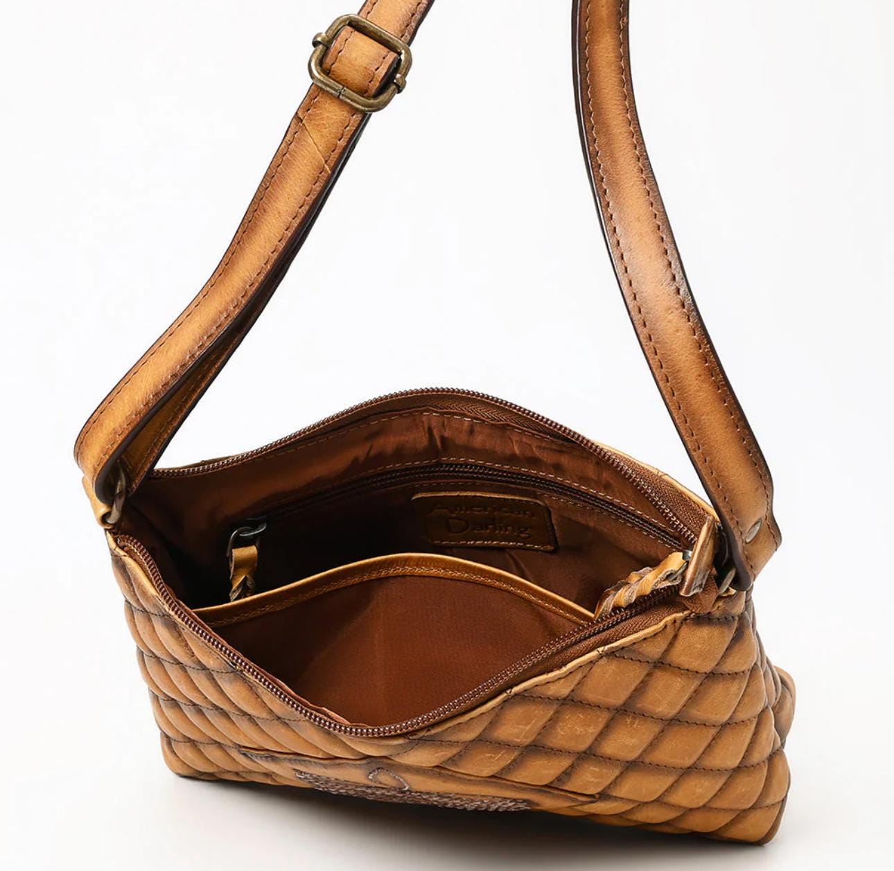Handmade Genuine Leather Quilted Crossbody Bag, Fair Trade Sustainable Western Purse, Vintage Bootstitch Cowgirl Handbag