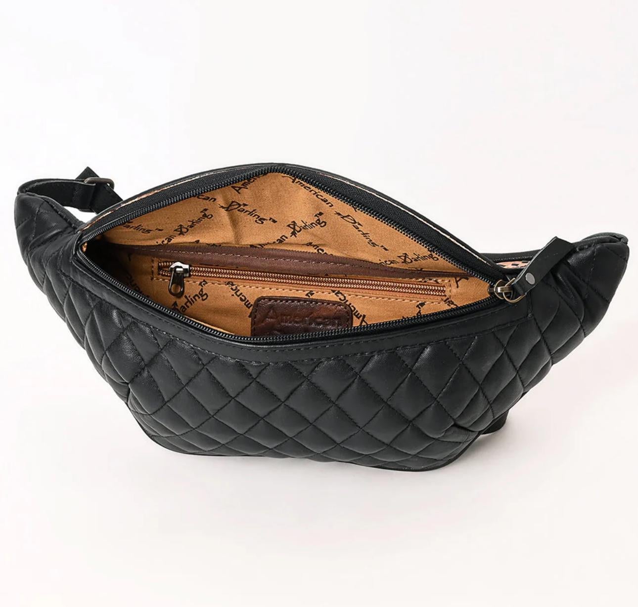 Handmade Black Quilted Leather Fanny Pack, Tooled Floral Western Waist Bag, Genuine Leather Festival Crossbody by American Darling