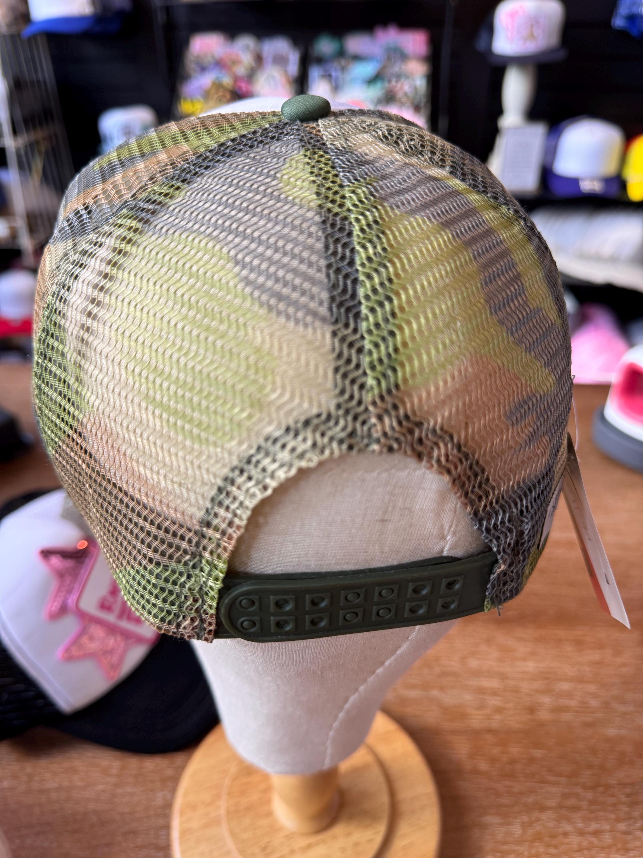 Saddle Up Buttercup Trucker Hat – Western Patch Camo Snapback with Chain Detail