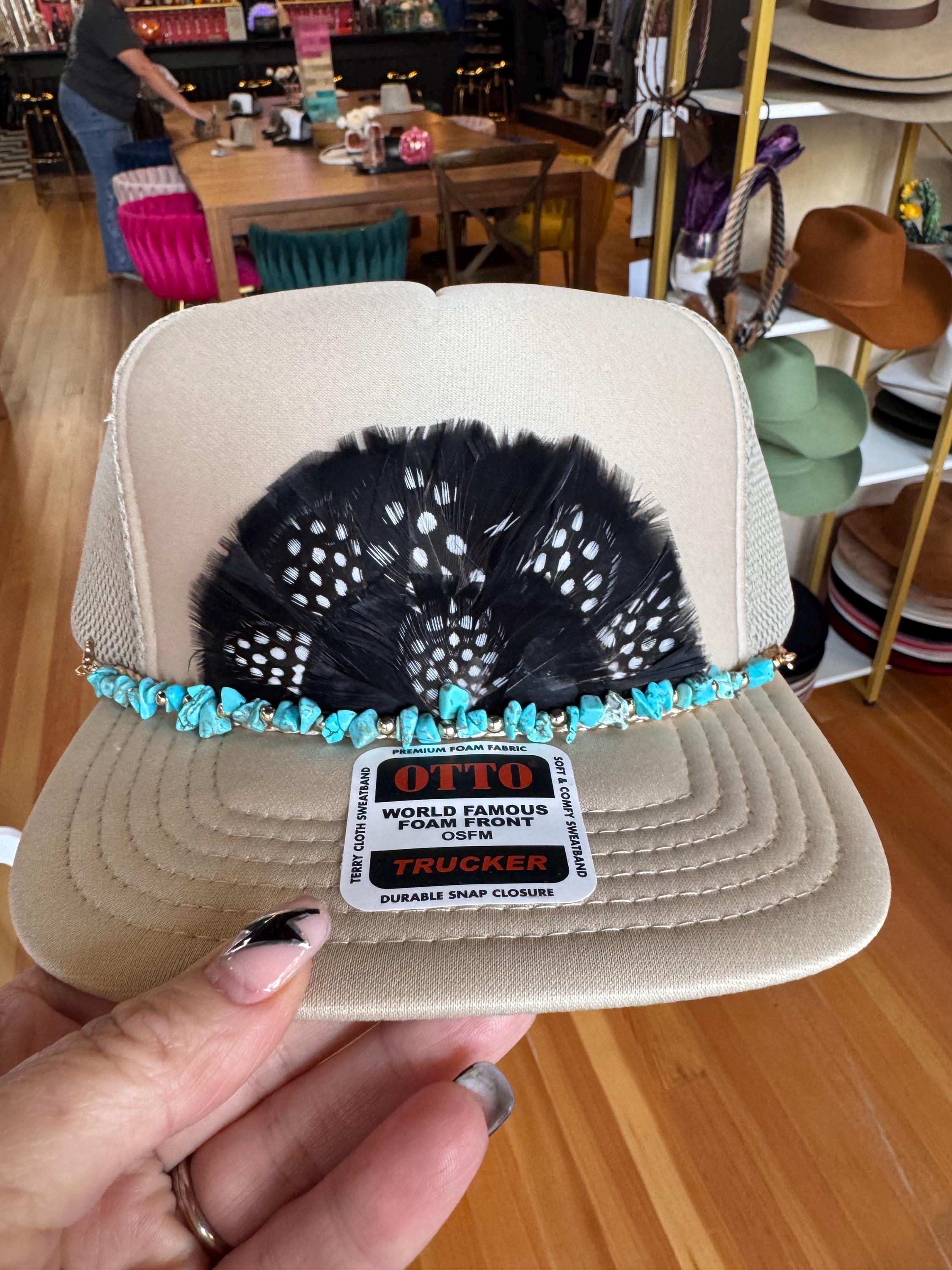 Western Feather Trucker Hat with Turquoise Accent