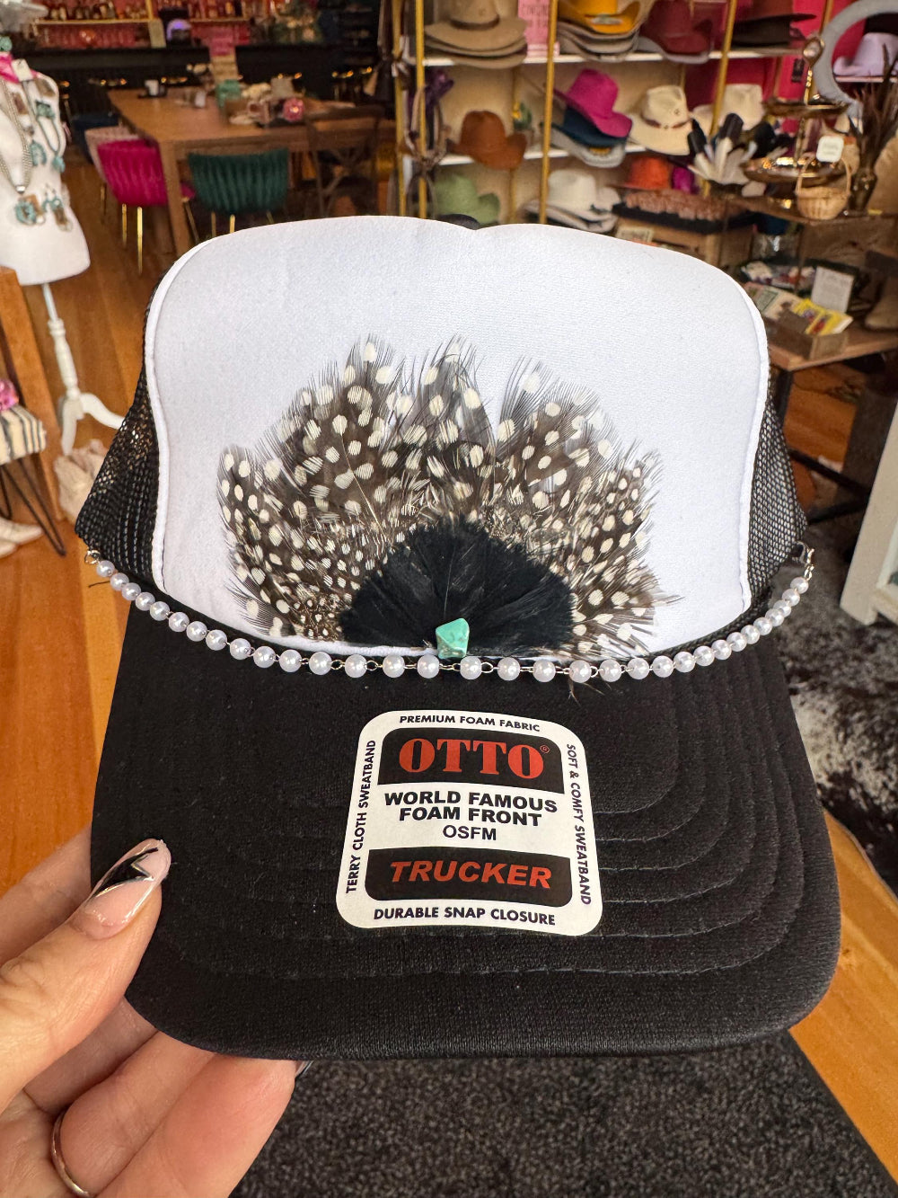 Western Feather Fan Trucker Hat with Turquoise & Pearl Accents