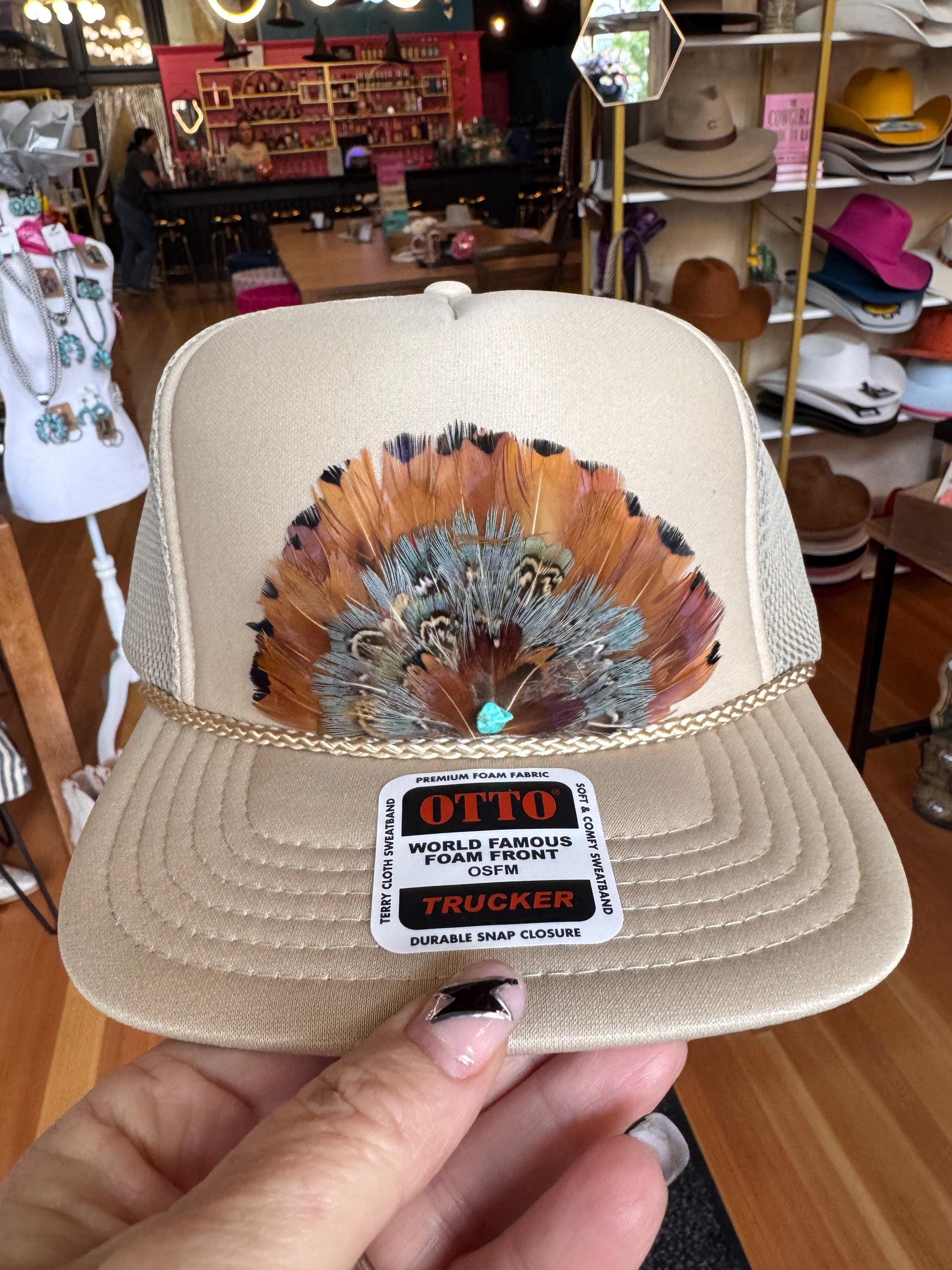Western Feather Trucker Hat with Turquoise Accent