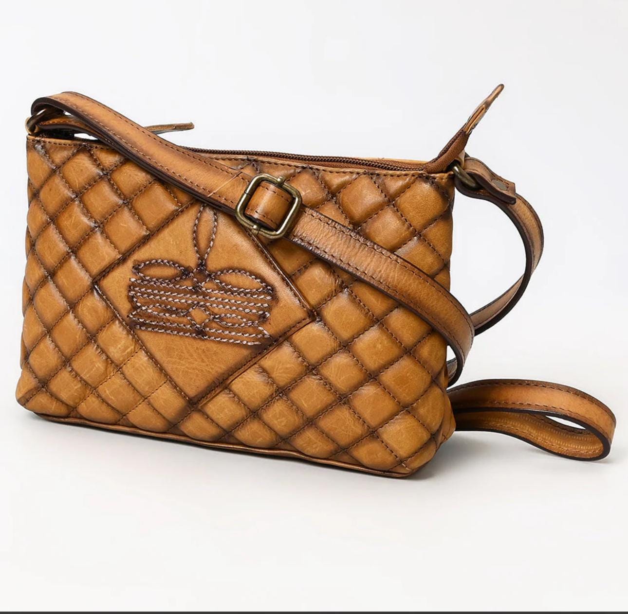 Handmade Genuine Leather Quilted Crossbody Bag, Fair Trade Sustainable Western Purse, Vintage Bootstitch Cowgirl Handbag