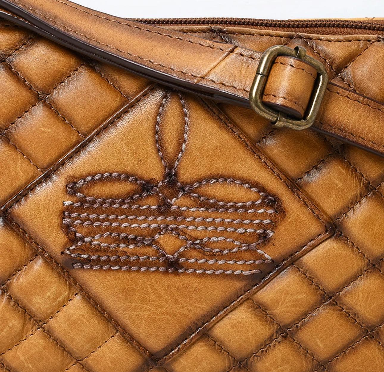 Handmade Genuine Leather Quilted Crossbody Bag, Fair Trade Sustainable Western Purse, Vintage Bootstitch Cowgirl Handbag