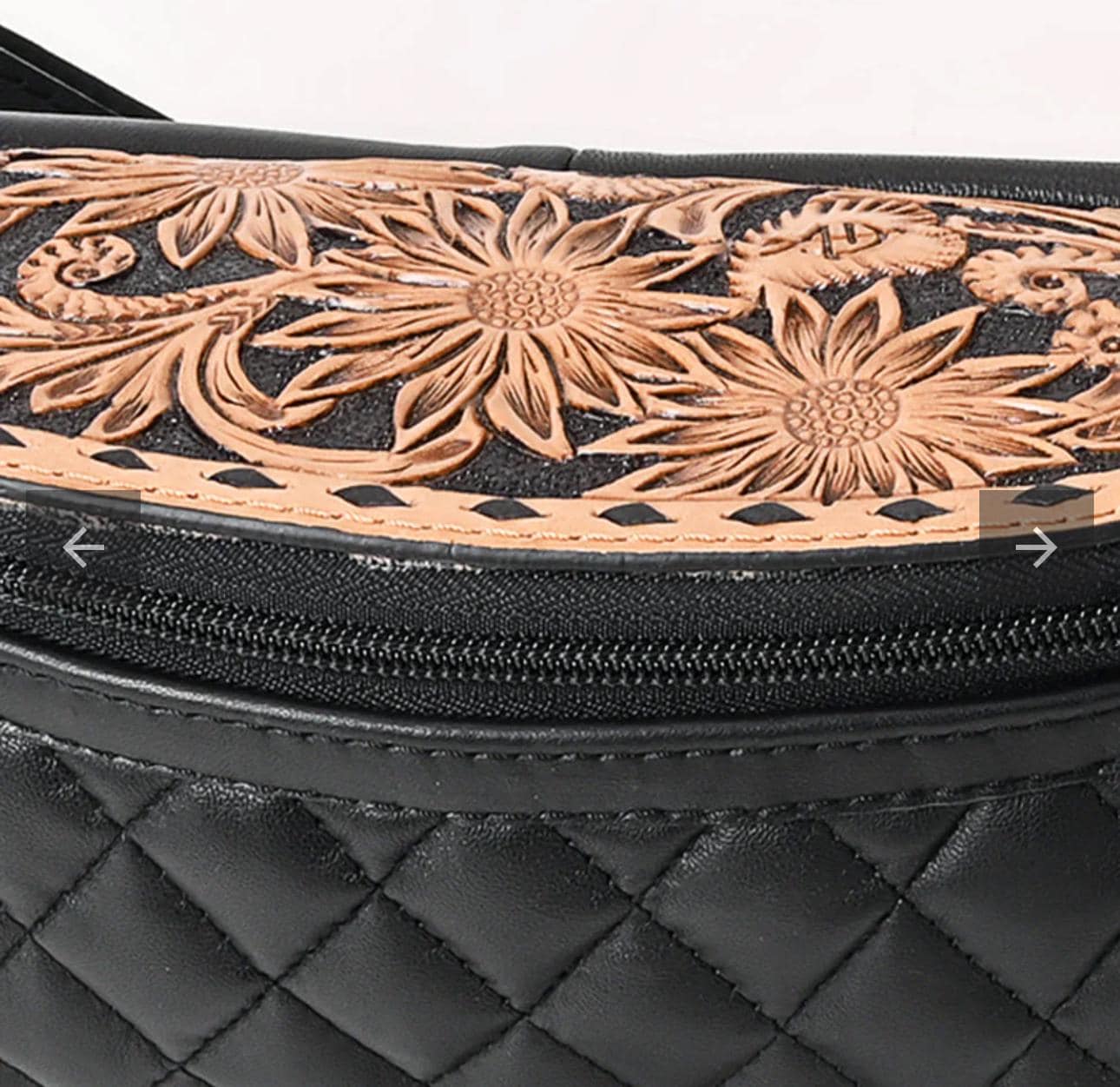 Handmade Black Quilted Leather Fanny Pack, Tooled Floral Western Waist Bag, Genuine Leather Festival Crossbody by American Darling