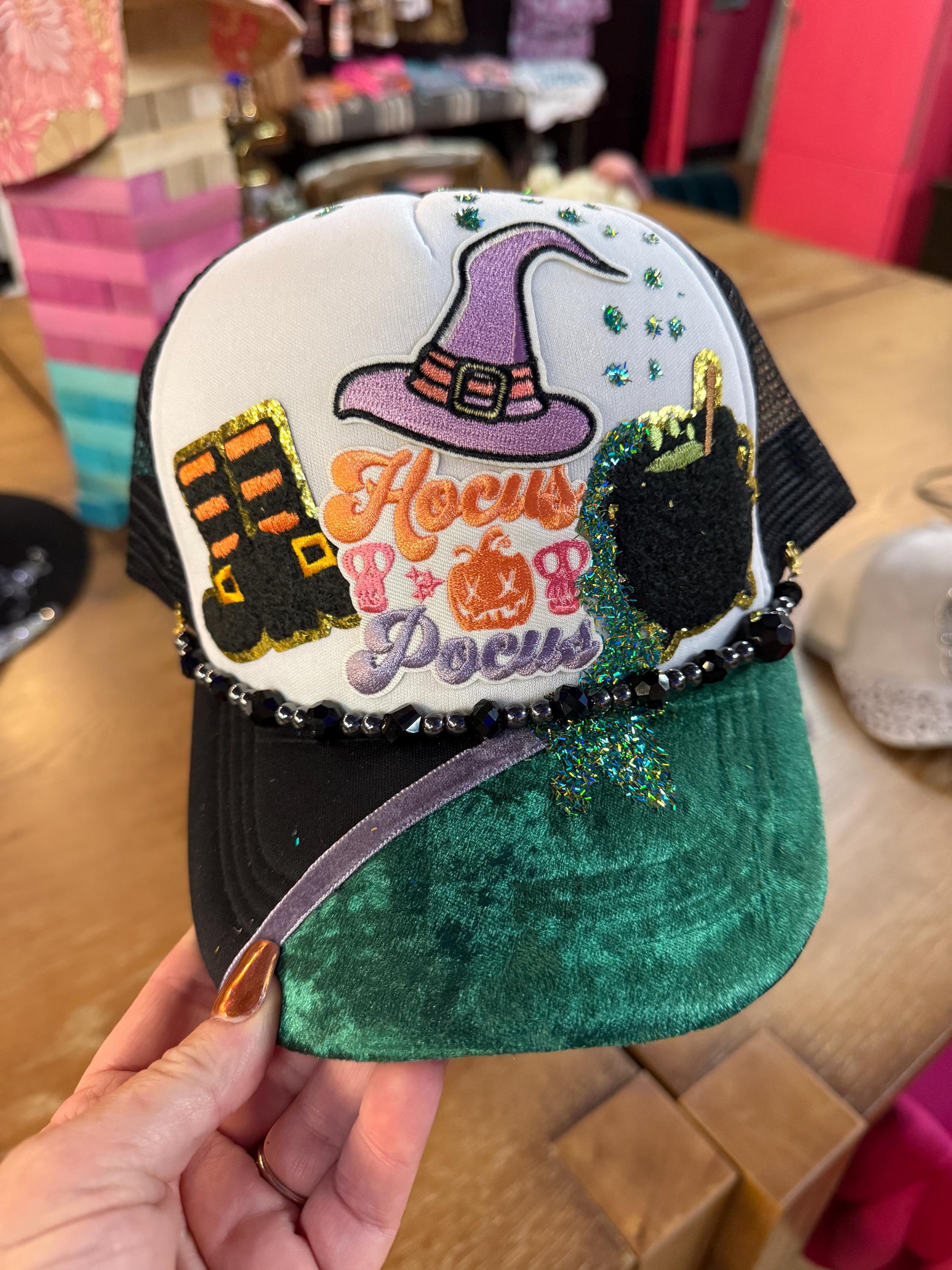 Hocus Pocus Trucker Hat | Witchy Halloween Hat | Custom Beaded Trucker | Spooky Season Accessory | Velvet & Glitter Detail | Handmade