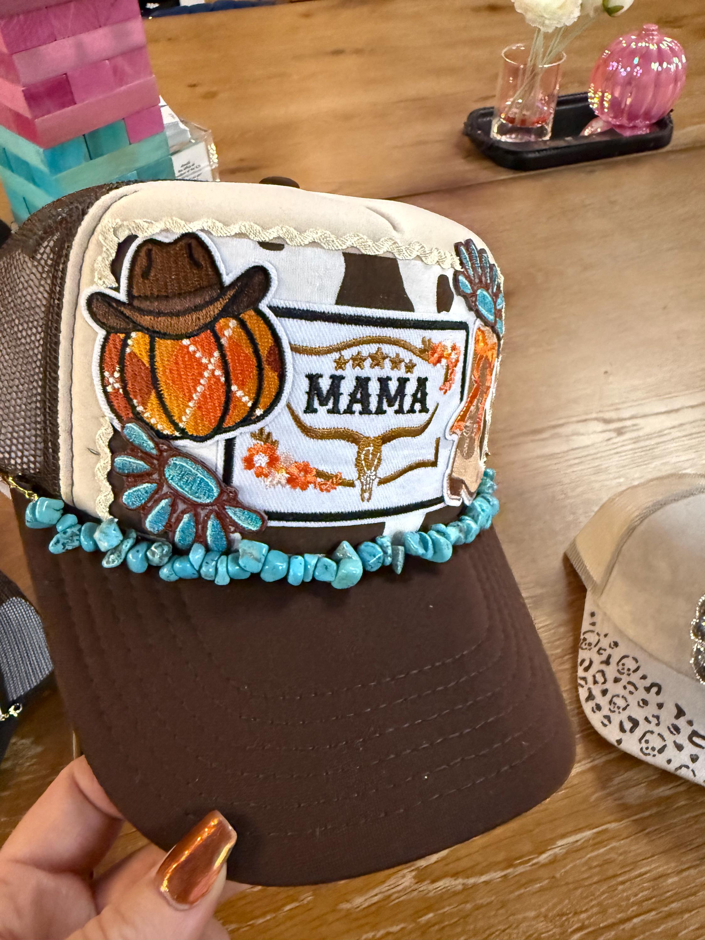 Fall Western Mama Hat | Cowboy Boot | Turquoise Beaded Trucker | Patch Hat | Western Trucker Hatl | Handmade