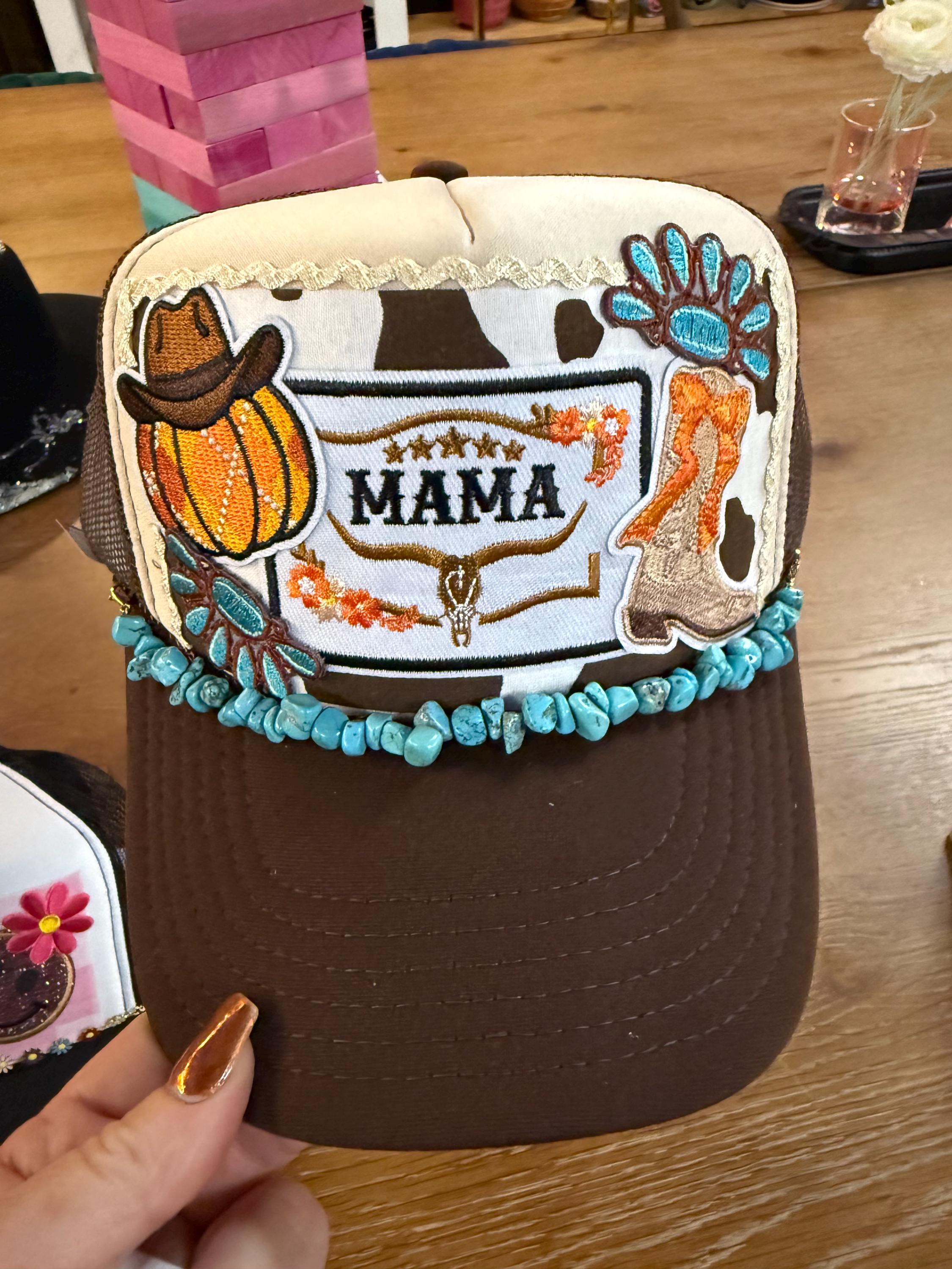 Fall Western Mama Hat | Cowboy Boot | Turquoise Beaded Trucker | Patch Hat | Western Trucker Hatl | Handmade