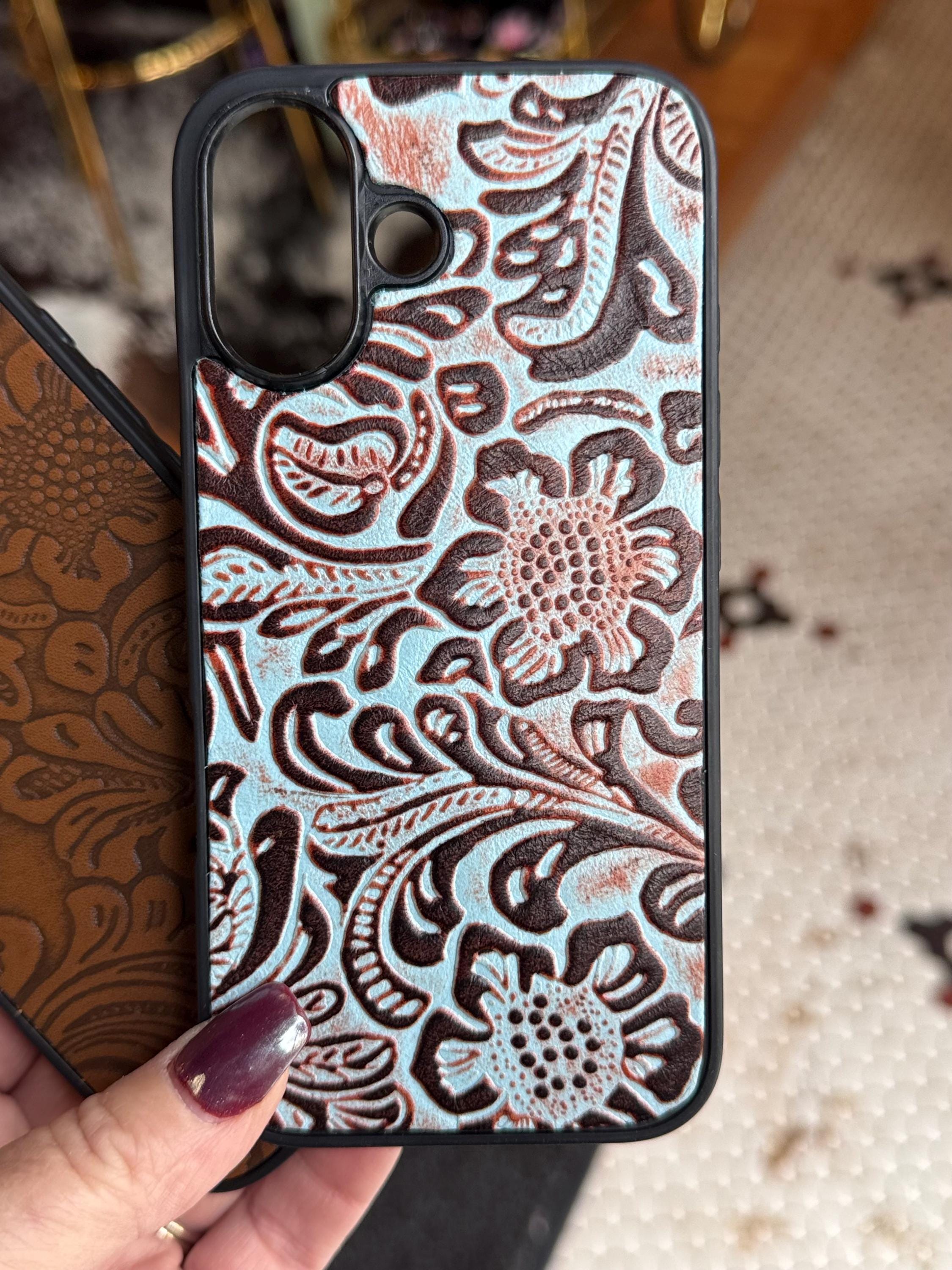 Embossed Leather iPhone 16 Case β Brown or Turquoise