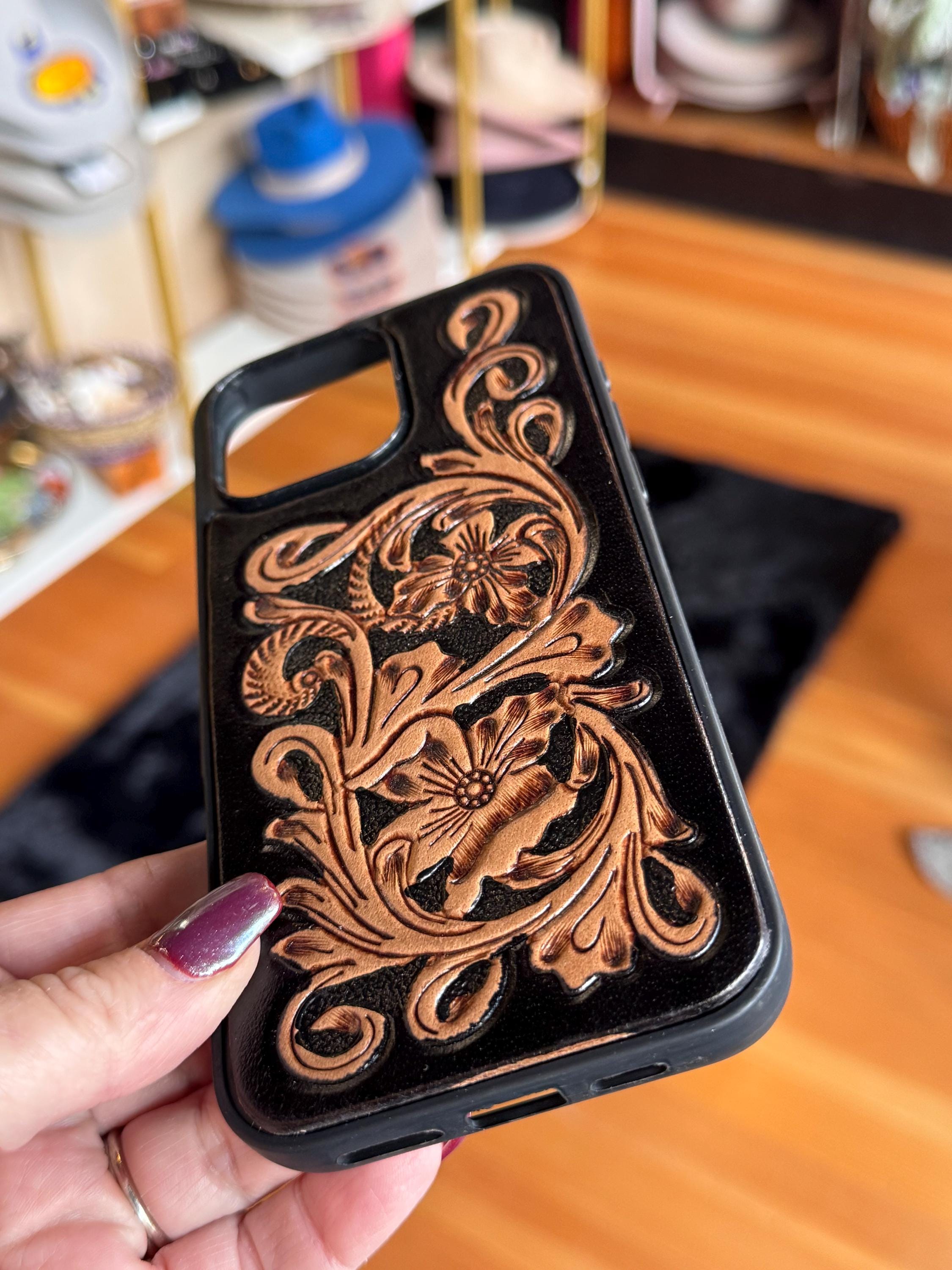 Black and Brown Tooled Leather Western iPhone 16 Pro Max Case