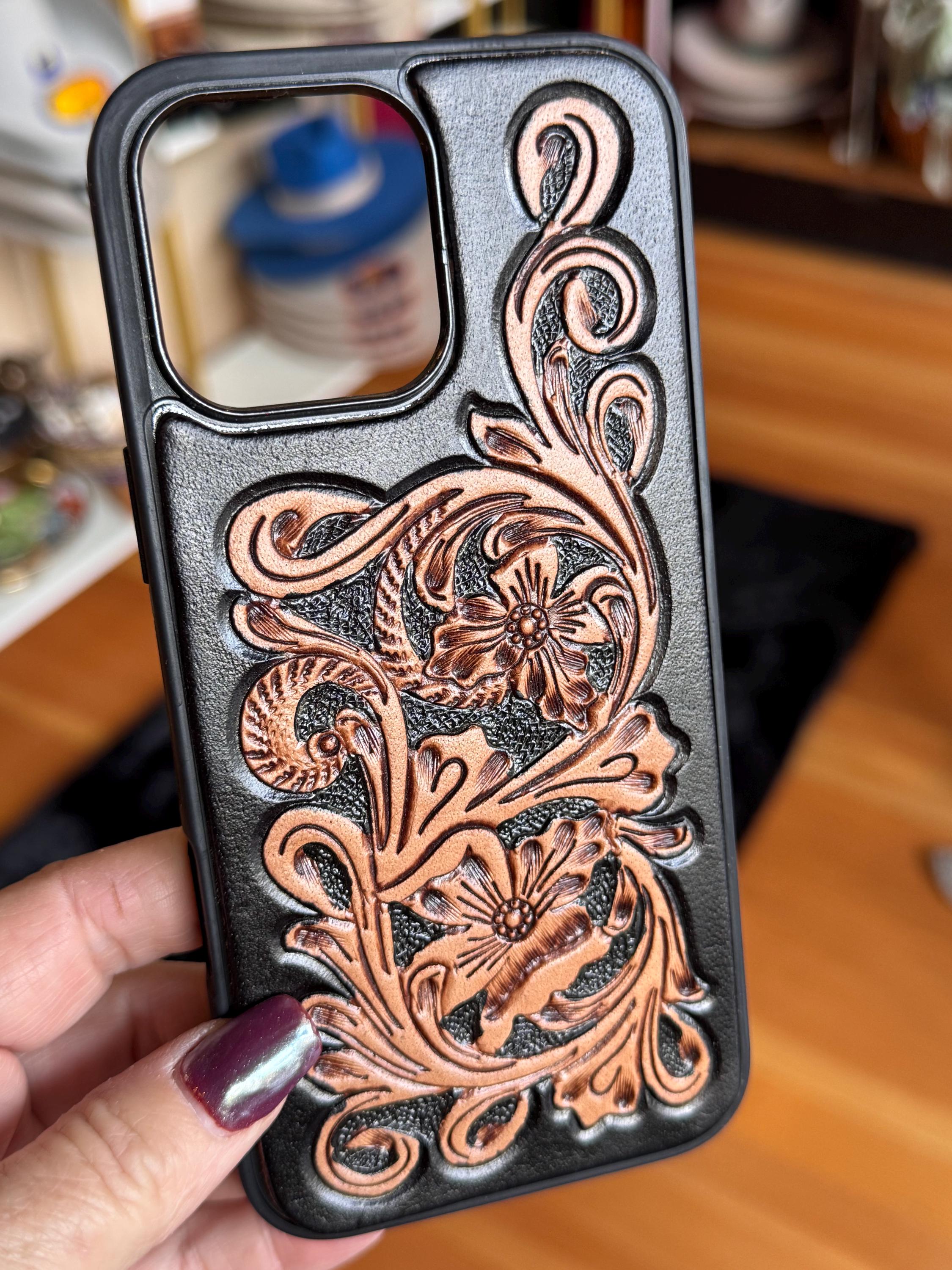 Black and Brown Tooled Leather Western iPhone 16 Pro Max Case