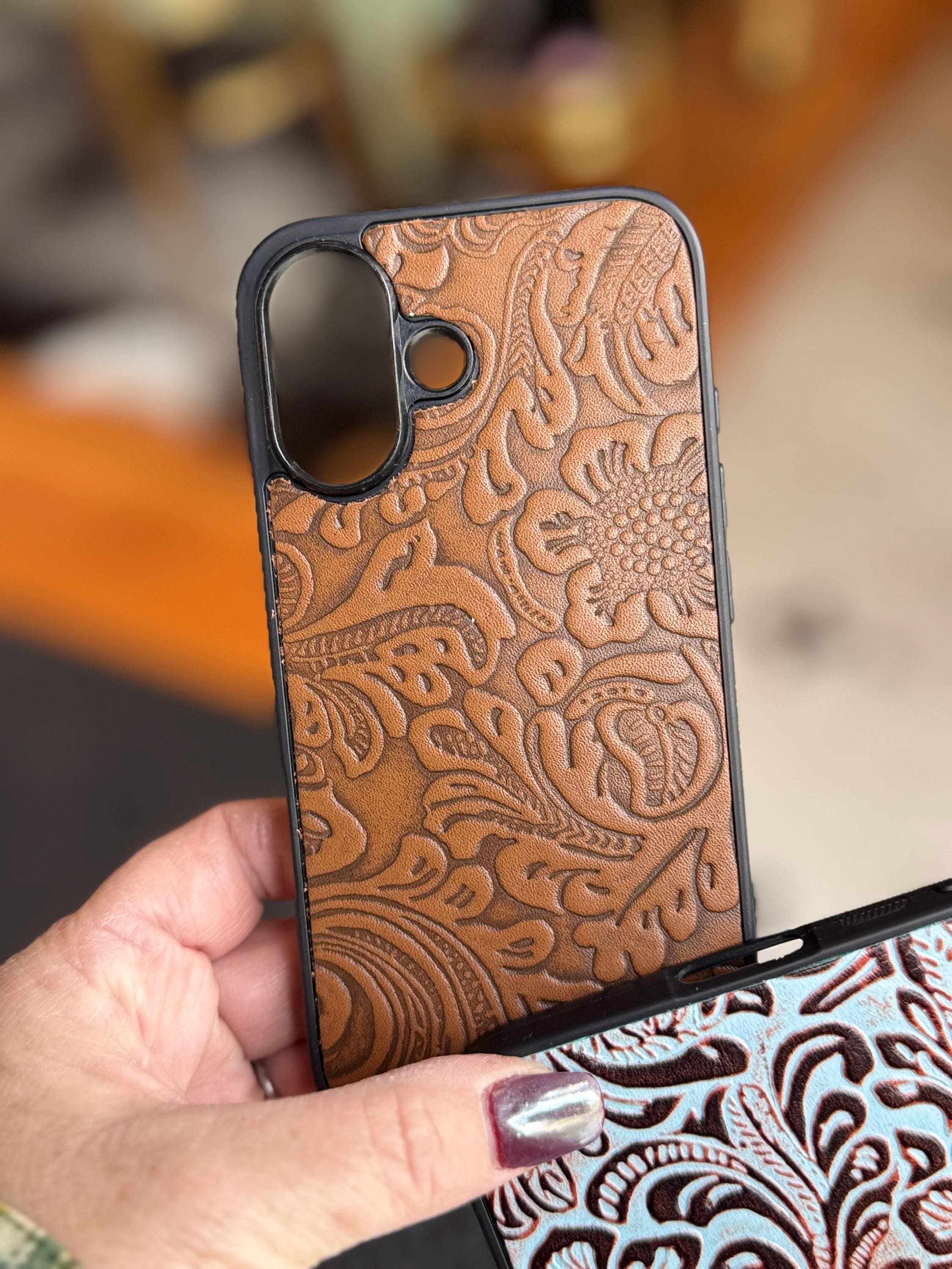 Embossed Leather iPhone 16 Case β Brown or Turquoise