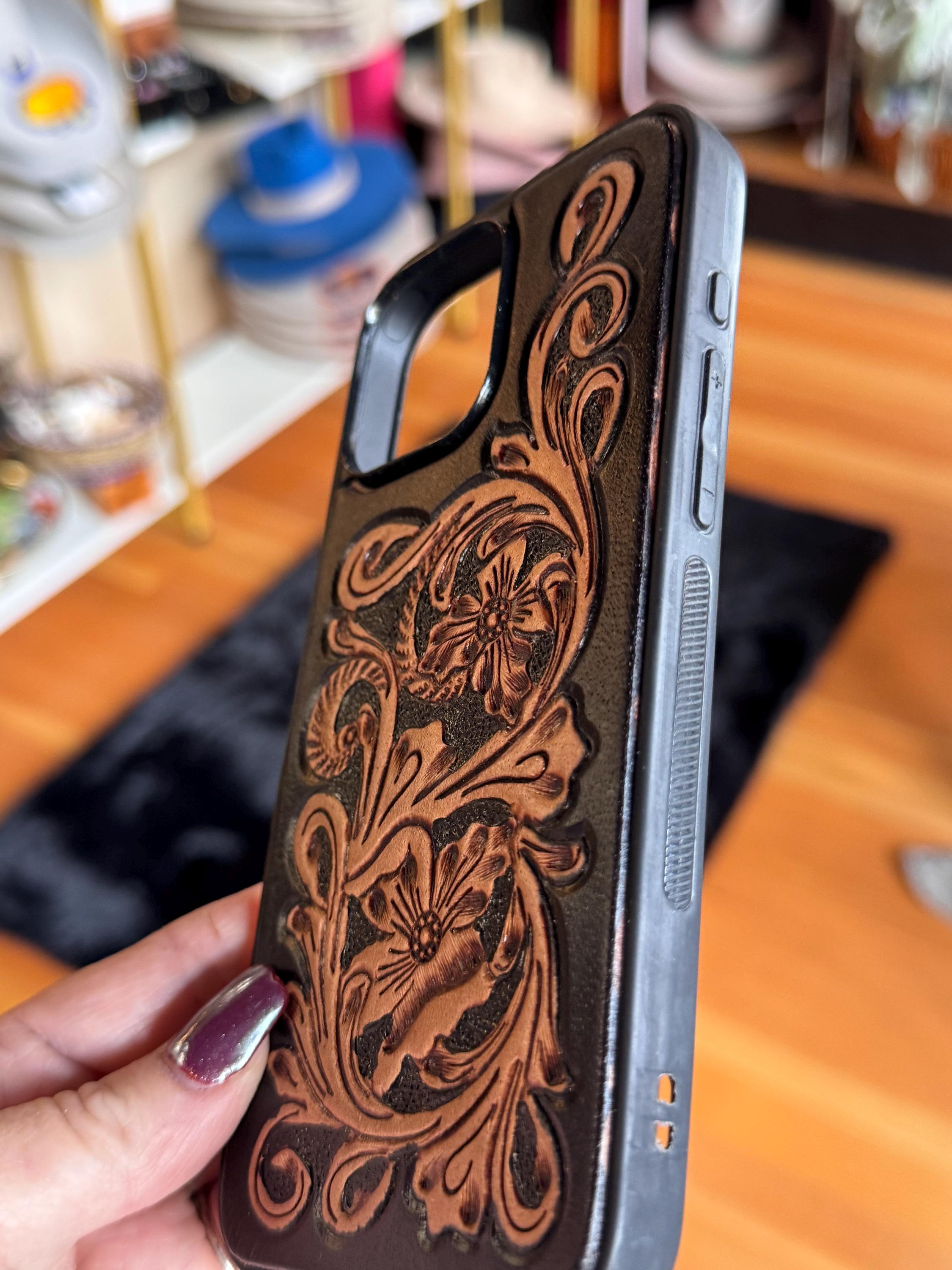 Black and Brown Tooled Leather Western iPhone 16 Pro Max Case